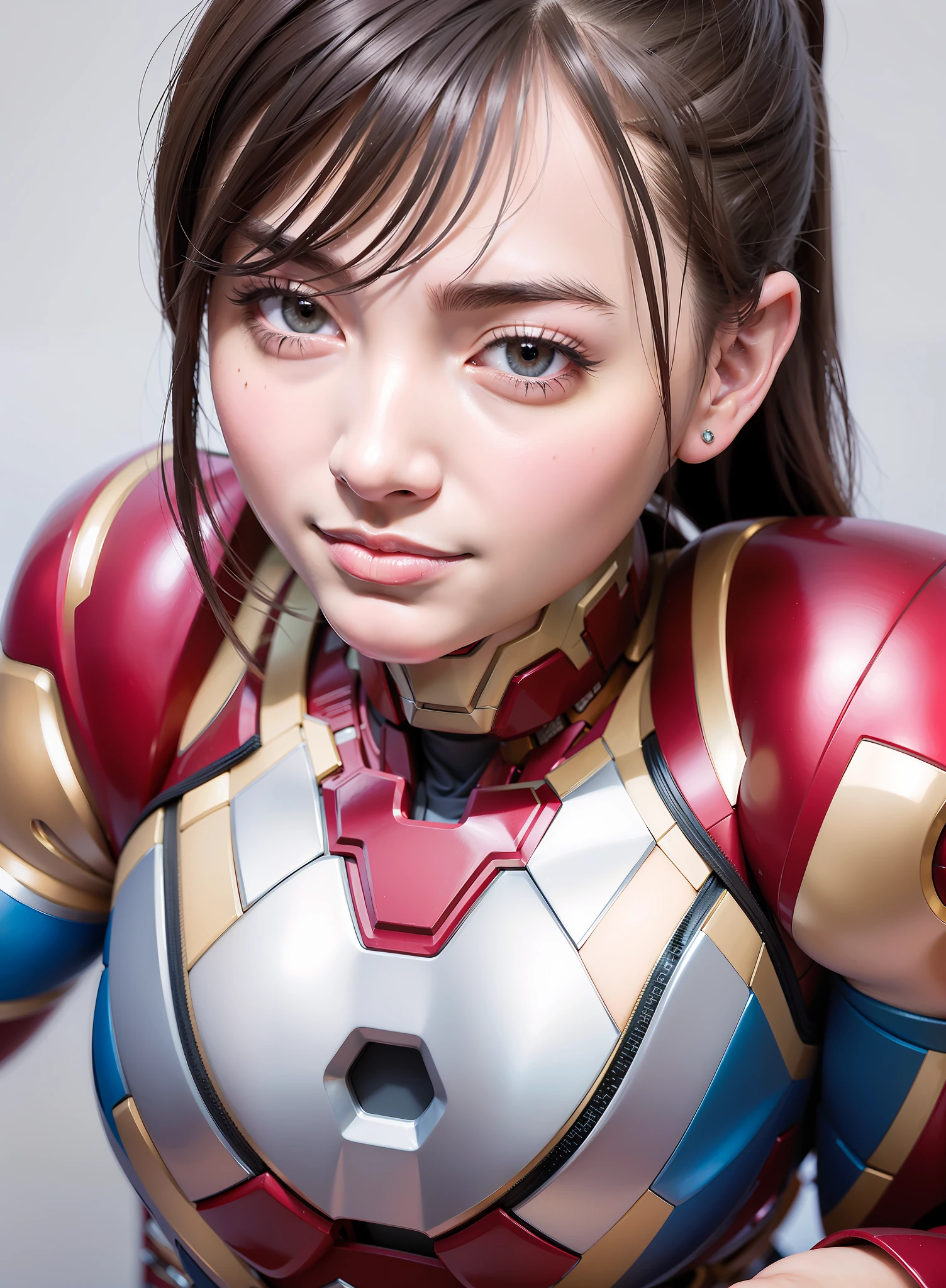 High detail, 8K resolution, super high resolution, a young girl cute girl, short hair, short ponytail, color clear eyes, smooth hair, collarbone, exquisite and perfect facial features The most beautiful big eyes, long eyelashes, sweet eyes with silkworms, smile, dynamic angle, ultimate picture quality highest precision, accurate and perfect human body structure, in the bedroom, ((Marvel Iron Man battle suit))