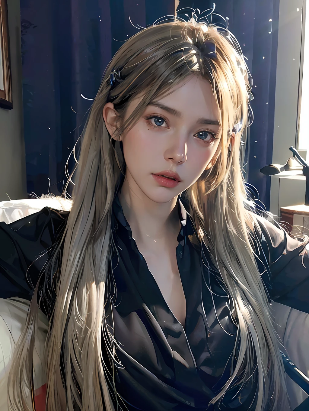 Hyperrealist portrait of female by david hockney and alphonse mucha,fantasy art, photo realistic, dynamic lighting, artstation, poster, volumetric lighting, very detailed faces, 4 k, award winning,, 1girl, in the dark, deep shadow, low key,cowboy shot,(official clothing:1.4) ,long hair,white hair,