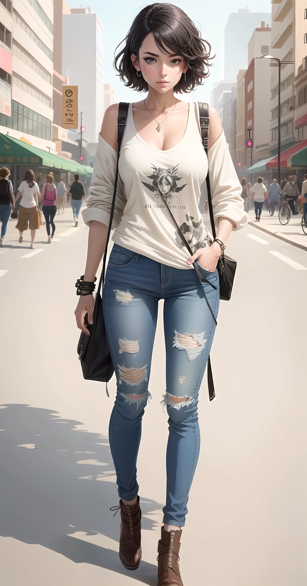 Anime girl, short hair girl, tall EMO art student, full body illustration, hands in pockets, full body concept,!! Full body portrait!, Full body portrait of jeans! Background is bustling city streets and roads, detailed full body concept, guitar concept art, mechanical punk costumes, full body portrait, detailed full body concept art, full body pictures, Cushart Kenz, female full body