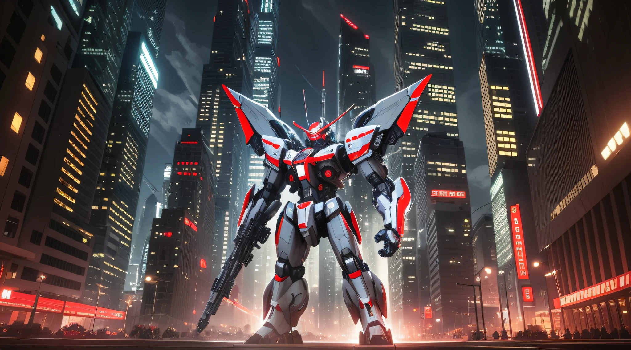 Mecha, best quality, very detailed, ultra-detailed, masterpiece, 8k wallpaper, red eyes, absurd, combat, high resolution, super fine illustration, game cg, lord, at night, city, symmetry --auto --s2