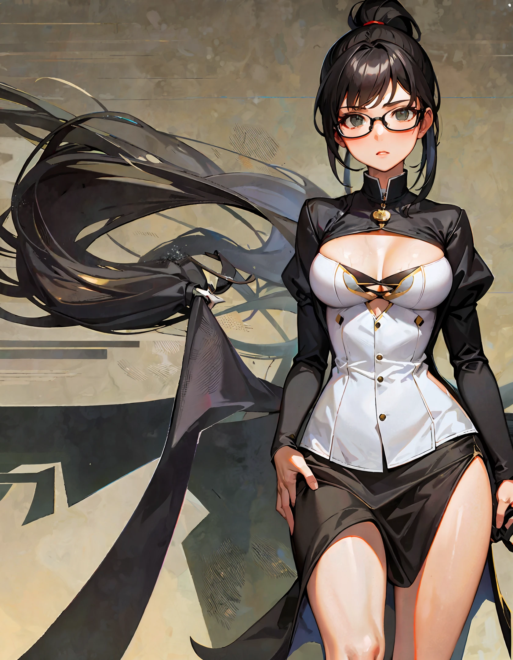 Highest quality, high ponytail, big breasts, glasses, hands on chest, legs forked, no panties, leaking out of the chest