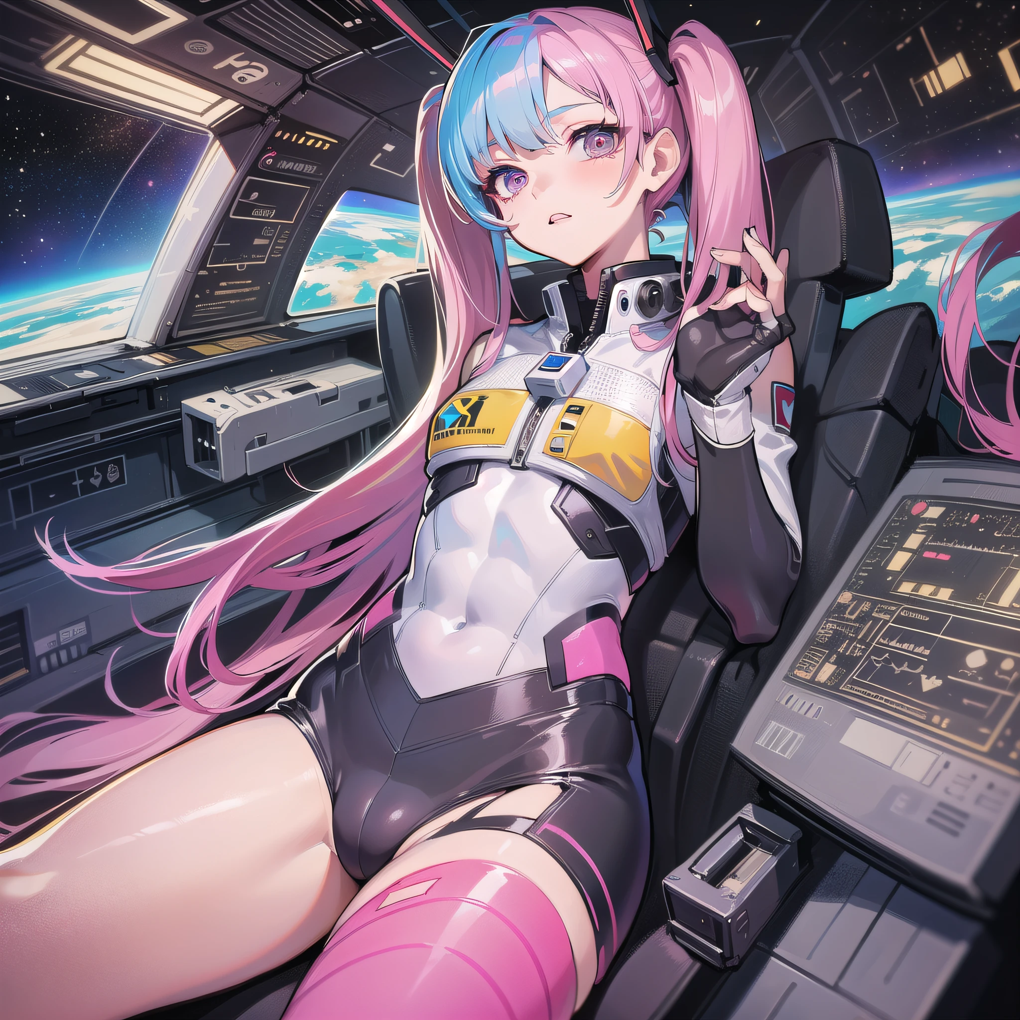 ((Masterpiece)), ((Highest Quality)), ((Best Quality)), (One Illustration), Full Body, 25 Years Old, (Face is a girl, Body is a man)), (((Pink Hair Twin Tails)), Light Gray Eyes, (Tall)), ((Flat)), (Small), (Muscular Strong Man's Body)), (Muscular Chest Plate)), (Muscular and Thick Arms))), (Muscular and thick legs)), (( manspreading)), open legs, ((white pilot suit)), ((in the cockpit)), (space on the monitor, Earth seen from space, spaceport)