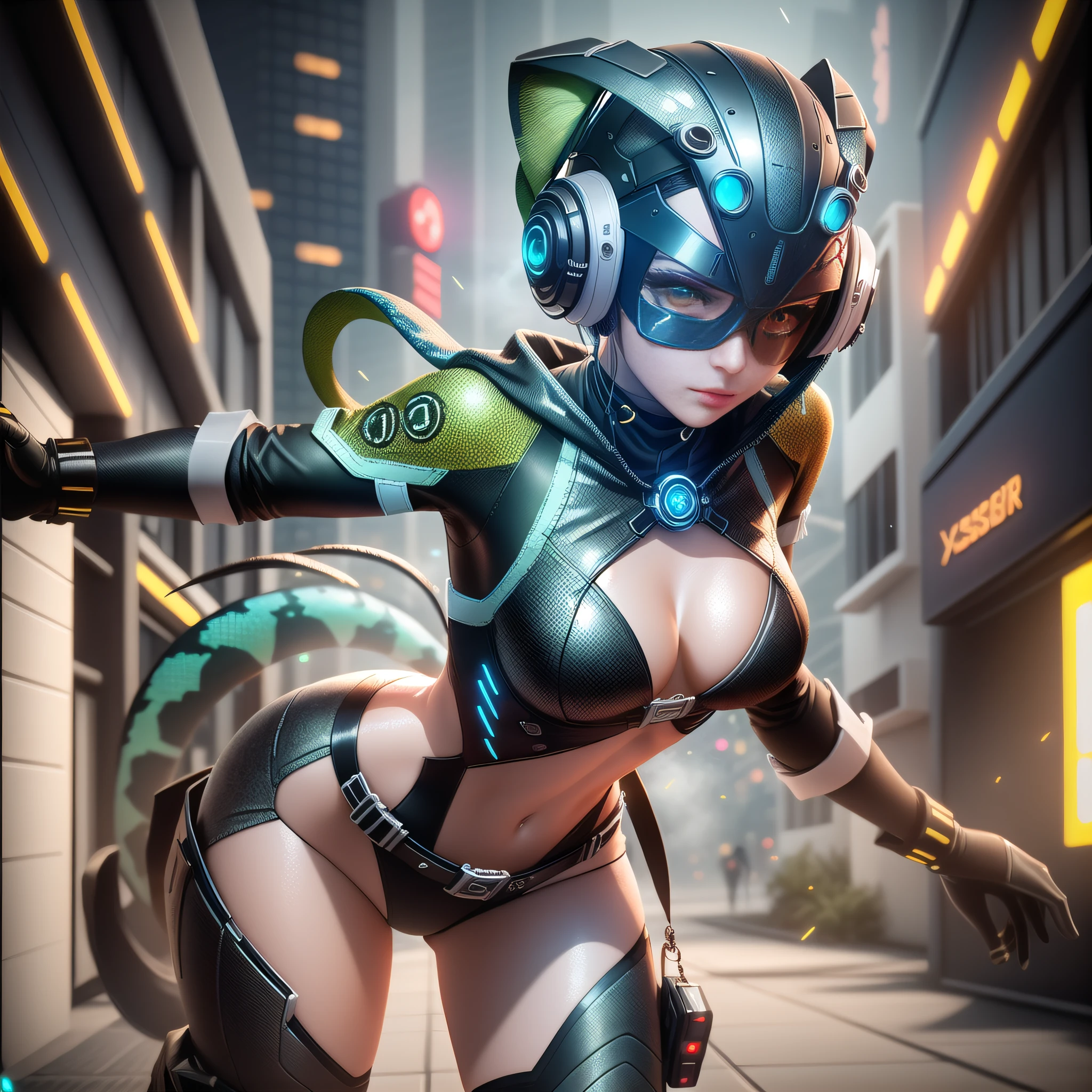 (Best Quality)), (Masterpiece)), (Details:1.4), 3D, Image of young petite woman in chameleon-inspired grey and orange hot pants type cyberpunk suit, light blue hair color, medium hair, assassin style, ninja costume, mechanical cyber belt with optical camouflage device, stealth, HDR (high dynamic range), Shocker's Belt, Ray Tracing, NVIDIA RTX, Super Resolution, Unreal 5 , Subsurface Scattering, PBR Texturing, Post-Processing, Anisotropic Filtering, Depth of Field, Maximum Clarity and Sharpness, Multi-Layer Textures, Albedo and Specular Maps, Surface Shading, Accurate simulation of the interaction between light and material, ((Wide hairband-style cyber headgear designed with chameleon eyes in mind)), (hide ears), goggles with lenses that hide the eyes, cyber mask with a strange design that hides the mouth, ((full body)), sharp focus, octane rendering, two-tone lighting, wide aperture, low ISO, white balance, rule of thirds, 8K RAW, Circuit Board AI, 4k, Fog, City Wall Background at Night