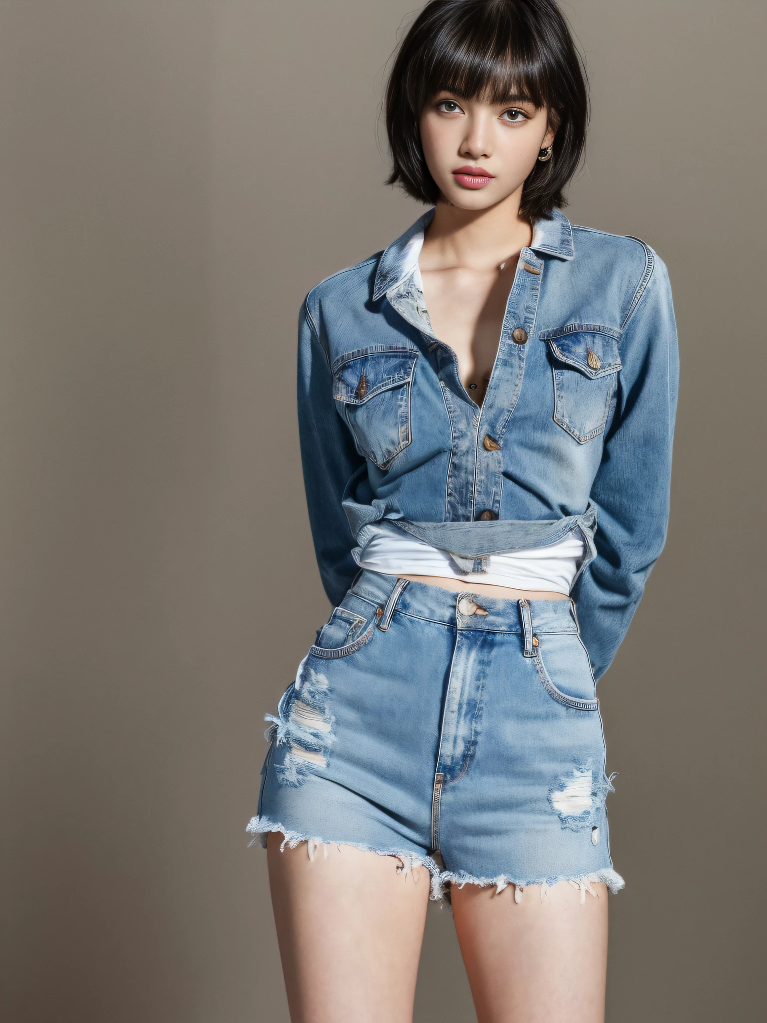 Best Quality, Lisa Face, Lisa in White Skinny T-shirt, Open Waist, Sexy, Denim Fat Shorts, Full Body Photo, Standing Pose, Photographic Light, ((Best Quality, 8K, Masterpiece: 1.3)), Focus: 1.2, Perfect Body Beauty: 1.4, Buttocks: 1.2, ((Layered Haircut:, Highly detailed facial and skin texture, Full body, delicate eyes, Double eyelids, whitened skin,