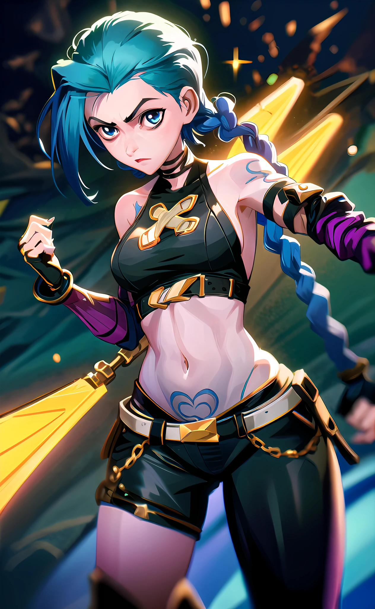 Jinx \(Arcane\), 1girl, fighting position, long hair, two braids, tattoos on the body, clouds print, belt, bodysuit, open navel, peeled sleeves, blue eyes, thigh vent, holding, holding a weapon, looking at the viewer, night, night sky, neon light, neon, bag, sky, solo, weapon, white hair, wire, short shorts, shorts, open jacket, ((masterpiece, best quality)), close-up, straight,  ((1 girl)), (incredible absurdity), (detailed light), lighting, colorful, layered background, (gorgeous background), dynamic angle, delicate background, (glitter), multicolored