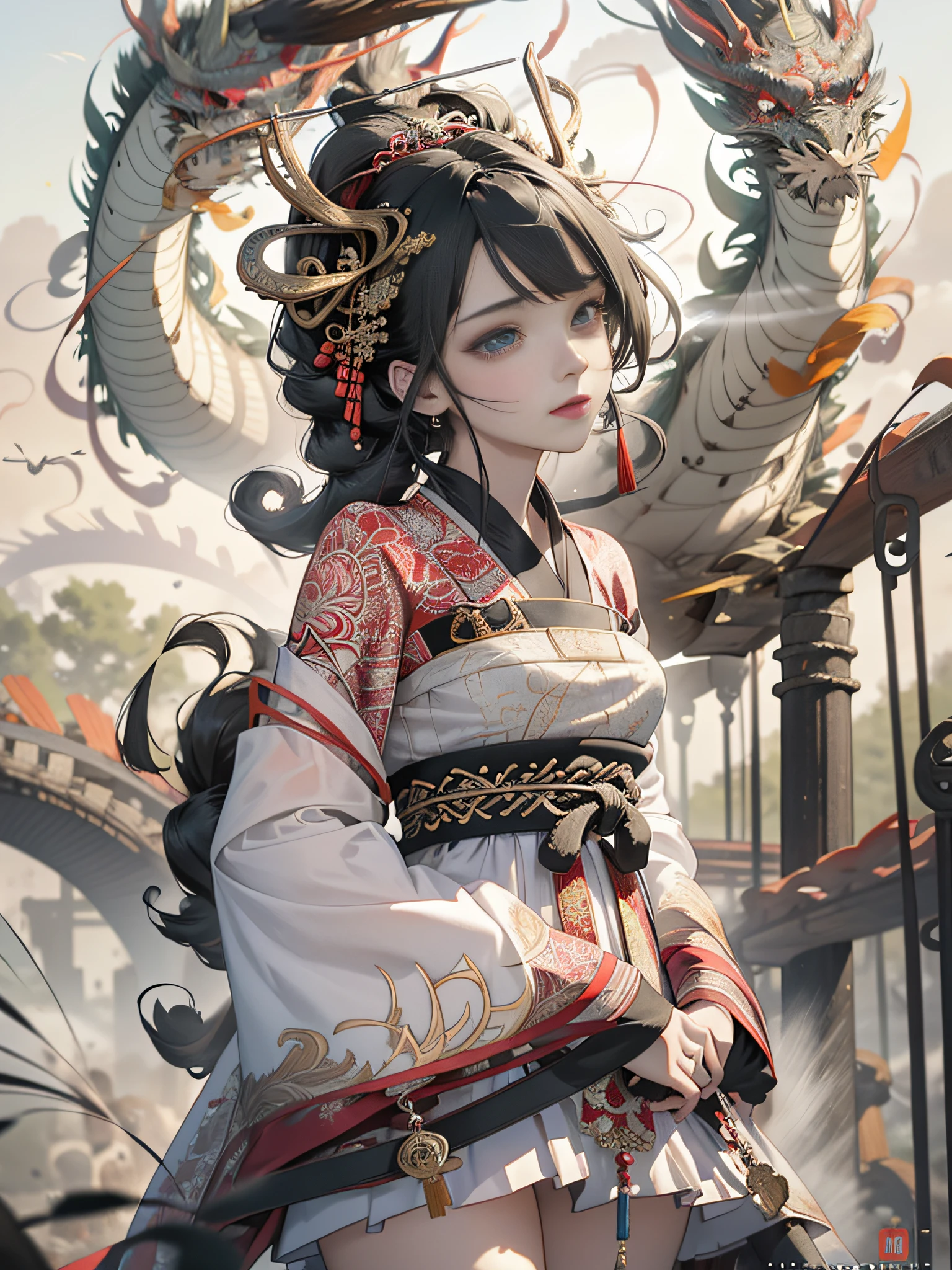 Official Art, Unified 8k Wallpapers, Ultra Detailed, Beautiful and Aesthetic, Masterpiece, Best Quality, (Zentangle, Mandala, Tangles, Entangles), (fractal art: 1.3), 1girl, black hair, black hanfu, red ribbon, white Chinese dragon surrounded, very detailed, dynamic angle, cowboyshot, most beautiful forms chaotic, elegant, fauvist design, bright colors, romanticism, cloudy hazy, smog, atmospheric, cinematic lighting, volumetric lighting, dynamic lighting,