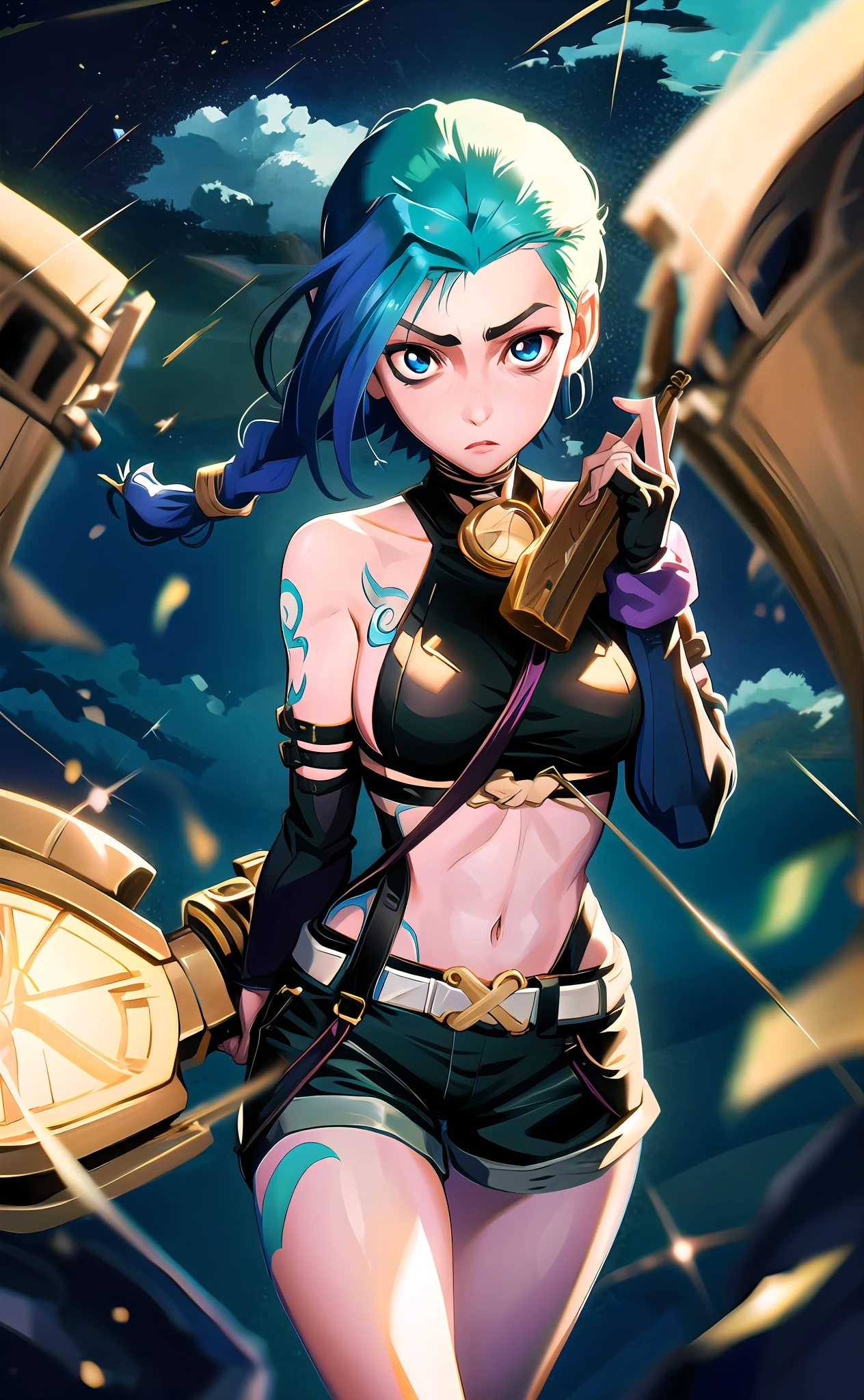 Jinx \(Arcane\), 1girl, fighting position, long hair, two braids, tattoos on the body, clouds print, belt, bodysuit, open navel, exfoliated sleeves, blue eyes, thigh vent, holding, holding a weapon, looking at the viewer, night, night sky, bag, sky, solo, weapons, white hair, wire, short shorts, shorts, open jacket, ((masterpiece, best quality)), close-up, straight, ((1 girl)), (incredible absurdity),  (detailed light), lighting, colorful, layered background, (gorgeous background), dynamic angle, delicate background, (glitter), multicolored