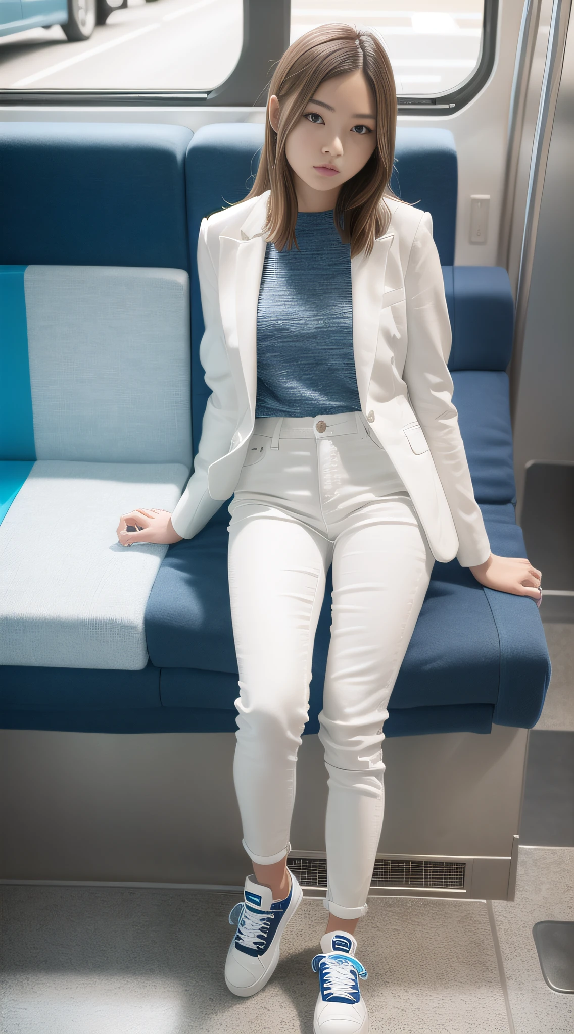 A long-legged girl wearing a white suit and blue skinny denim trousers and sneakers sits inside the bus