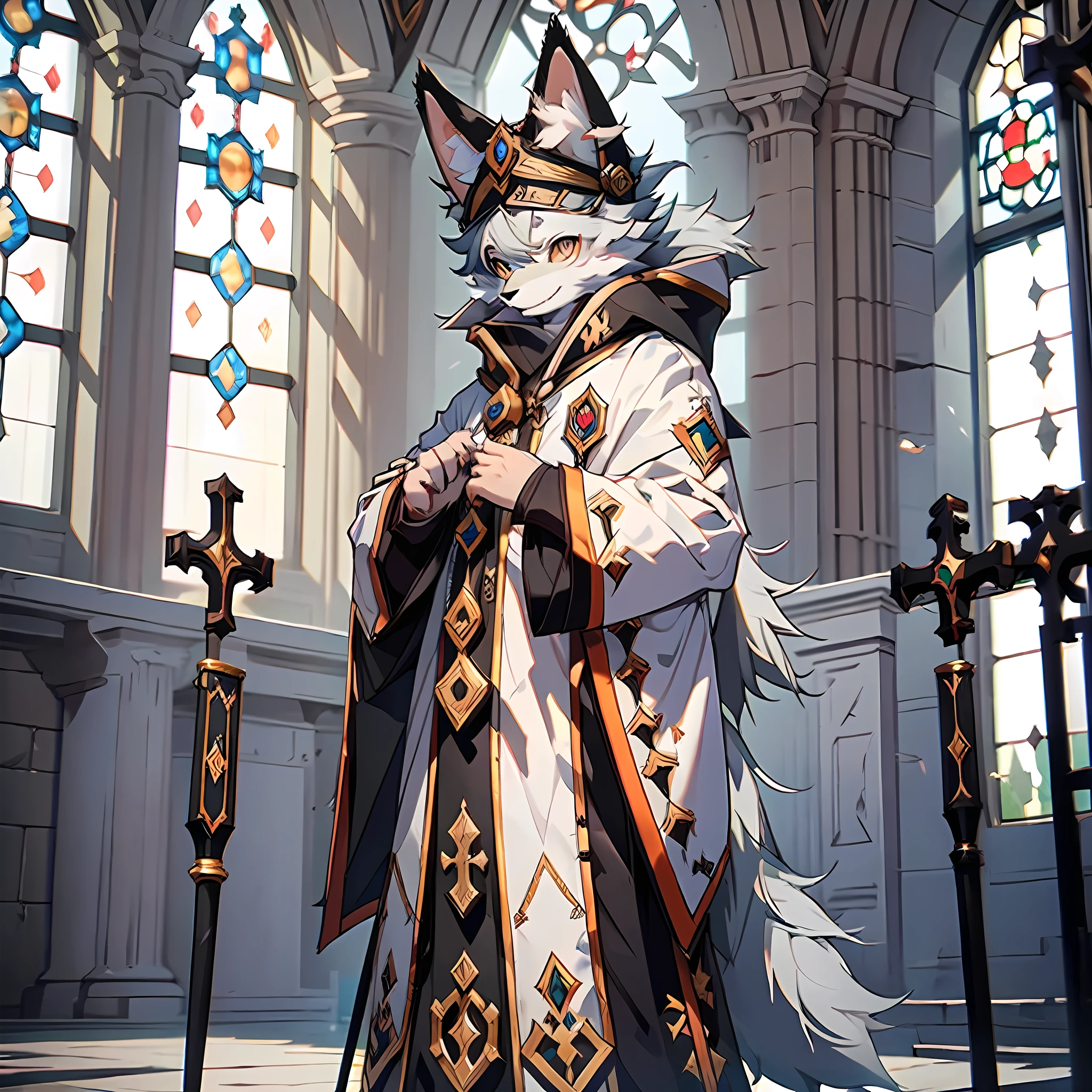 high detail, hyper quality, high resolution, 1080P, solo, furry, (male arctic fox: 1.5), (gray fur: 1.5), (gray skin: 1.5), gray ears, golden eyes, canine paws, (fluffy tail: 1.2), detailed characters, (furry of animal ears), priest costume, priest robe, priest hat, World of Warcraft style, Stand in a church with dim background and natural lighting