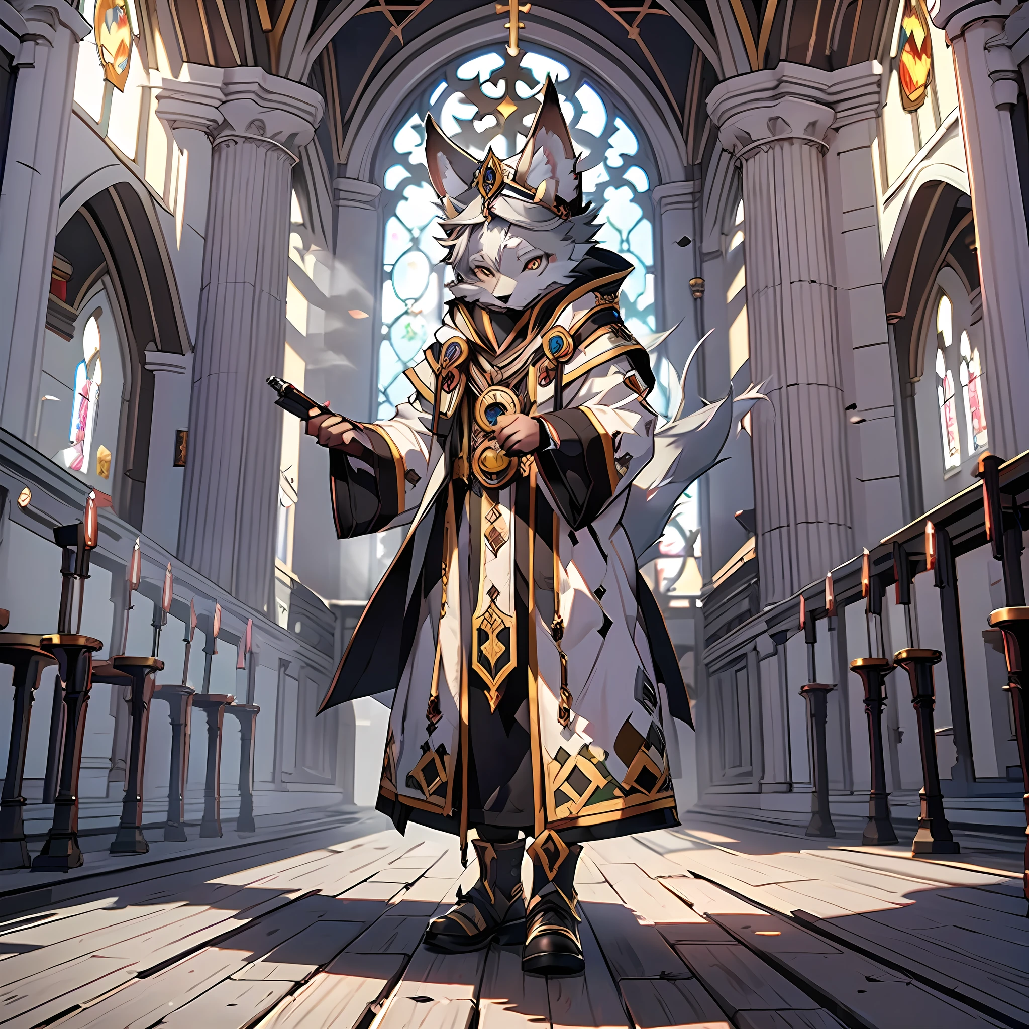 high detail, hyper quality, high resolution, 1080P, solo, furry, (male arctic fox: 1.5), (gray fur: 1.5), (gray skin: 1.5), gray ears, golden eyes, canine paws, (fluffy tail: 1.2), detailed characters, (furry of animal ears), priest costume, priest robe, priest hat, World of Warcraft style, Stand in a church with dim background and natural lighting