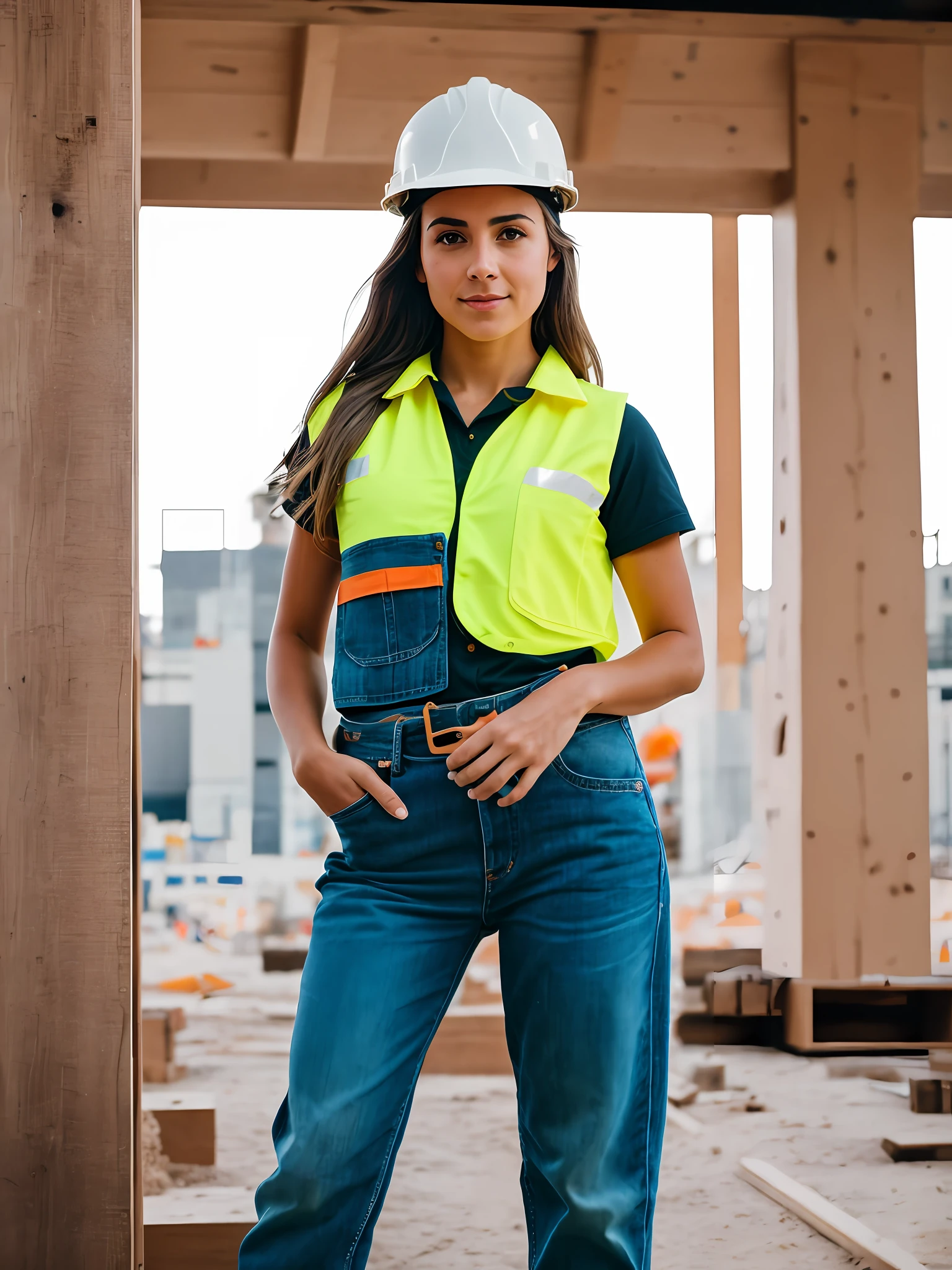 RAW photo, 1girl, a (portrait:1.2) of full body a cute woman as a construction worker, (high detailed skin:1.2), 8k uhd, dslr, soft lighting, high quality, film grain, Fujifilm XT3