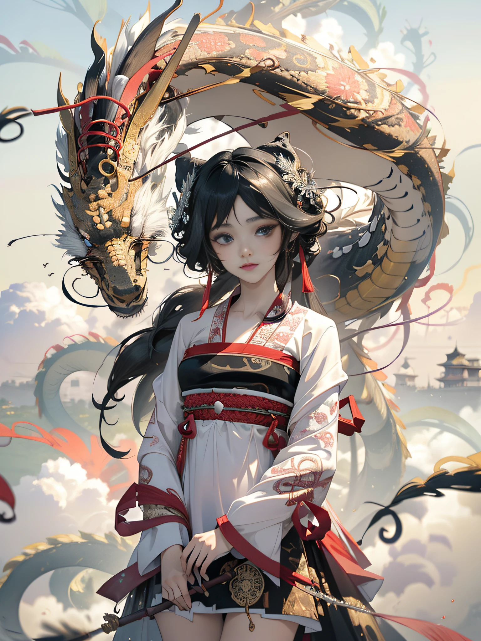 Official Art, Unified 8k Wallpapers, Ultra Detailed, Beautiful and Aesthetic, Masterpiece, Best Quality, (Zentangle, Mandala, Tangles, Entangles), (fractal art: 1.3), 1girl, black hair, black hanfu, red ribbon, white Chinese dragon surrounded, very detailed, dynamic angle, cowboyshot, most beautiful forms chaotic, elegant, fauvist design, bright colors, romanticism, cloudy hazy, smog, atmospheric, cinematic lighting, volumetric lighting, dynamic lighting,