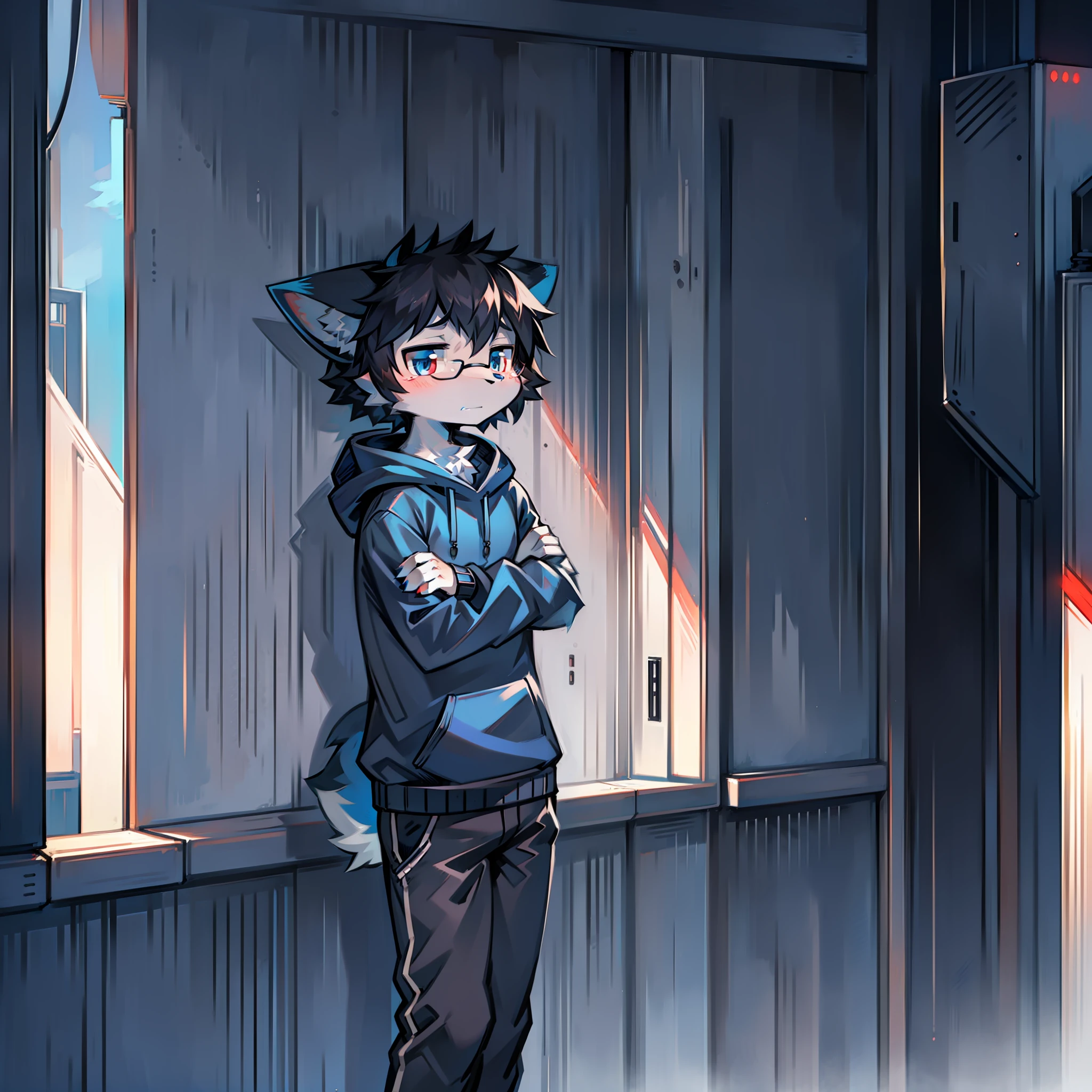 Solo, fluffy, furry male, juvenile, full body fur, gray-blue fur, white fur, gray-blue sweatshirt, gray-black trousers, black hair, black glasses, small canine, fluffy blue tail, male, short hair, anime, colored inner hair, fang, blunt bangs, headphones, hood, mismatched pupils, one blue eye and one Other red eye, fox ears, bored, serious, depressed, anime style, against the wall, side