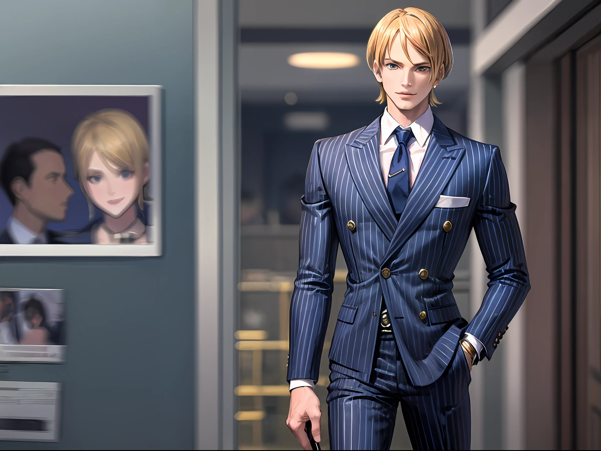 1990 Screengrab of a male model portraying Sanji. Sanji has blonde hair that is stylishly combed back and smoky blue eyes that accentuate his mysterious charm. He wears a double-breasted navy pinstripe Balenciaga suit with wide lapels and a slim fit that accentuates his elegance and sophistication. Underneath, he wears a white shirt with a high collar and a sleek black tie. In his hand he holds a cigarette without a filter, which emphasizes his rebellious character. On the catwalk, Sanji, with his refined demeanor and sharp eye, embodies the timeless elegance of the Balenciaga collection. Balenciaga commercial, 3:2 aspect ratio, 5:4 aspect ratio.