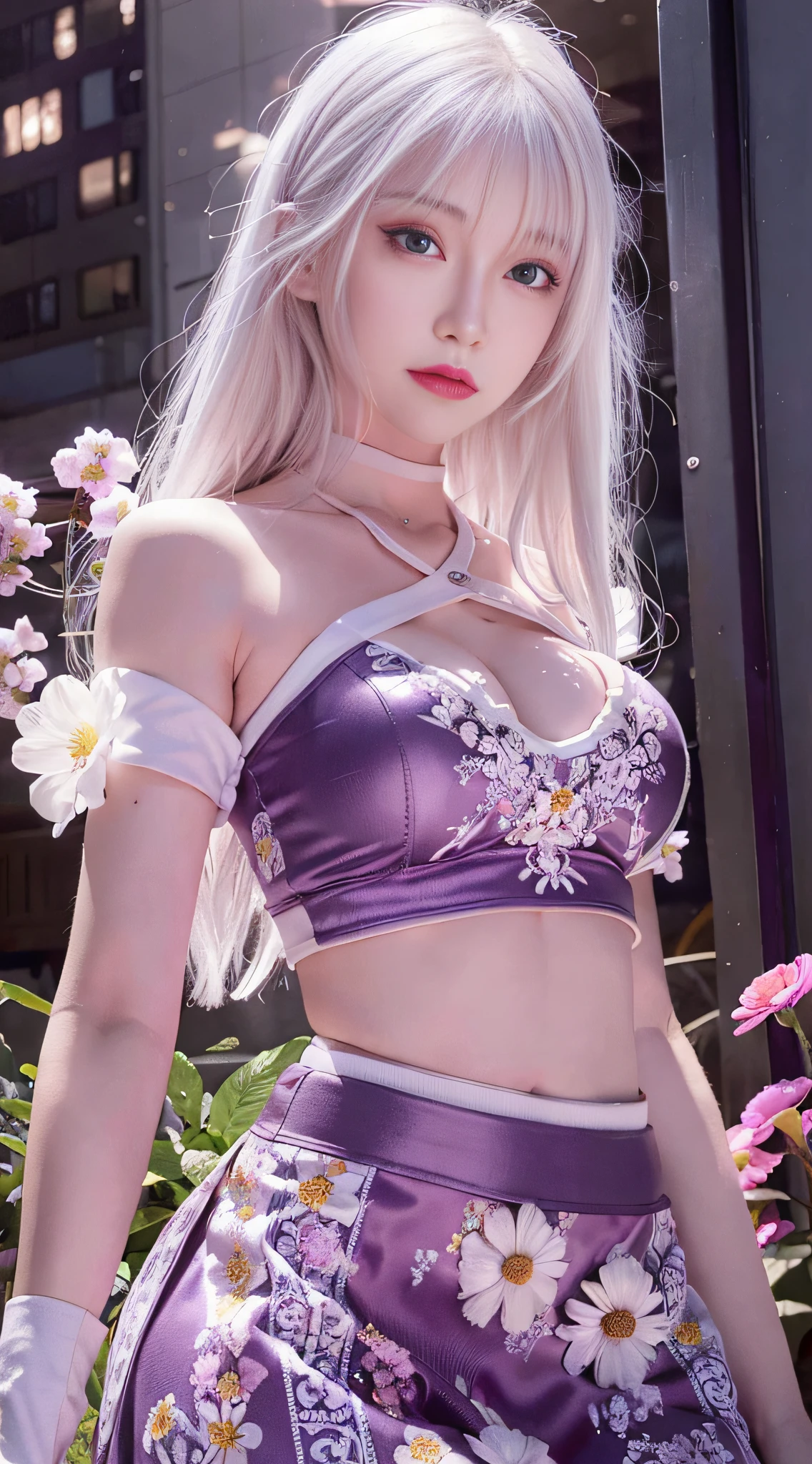realistic, 1girl, white hair, purple eyes, glowing eyes, crop top, skirt, parted lips, blush, night, flowers, sun, sunlight,