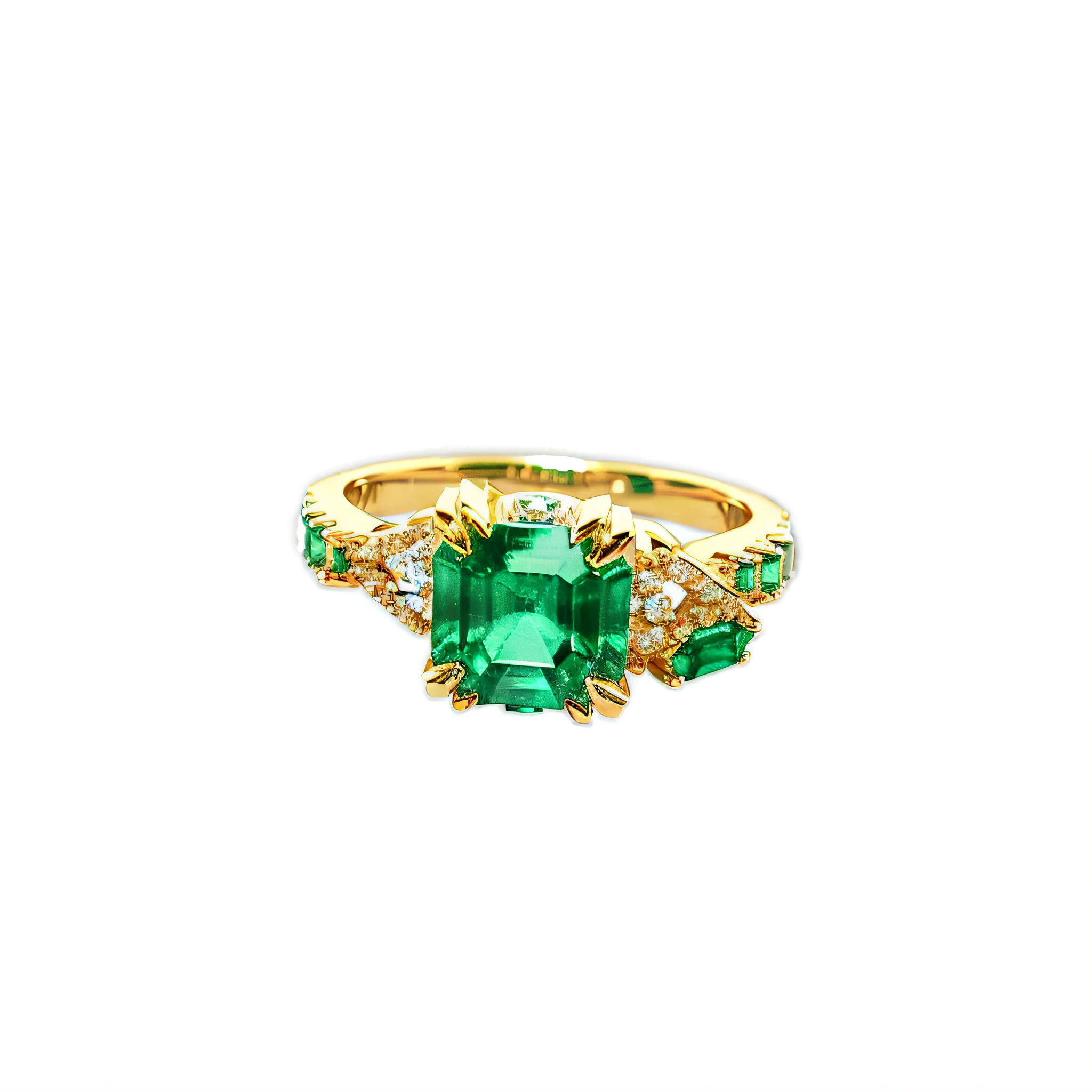 Realistic 3D rendering, the middle emerald is replaced by an emerald-cut Wharton emerald