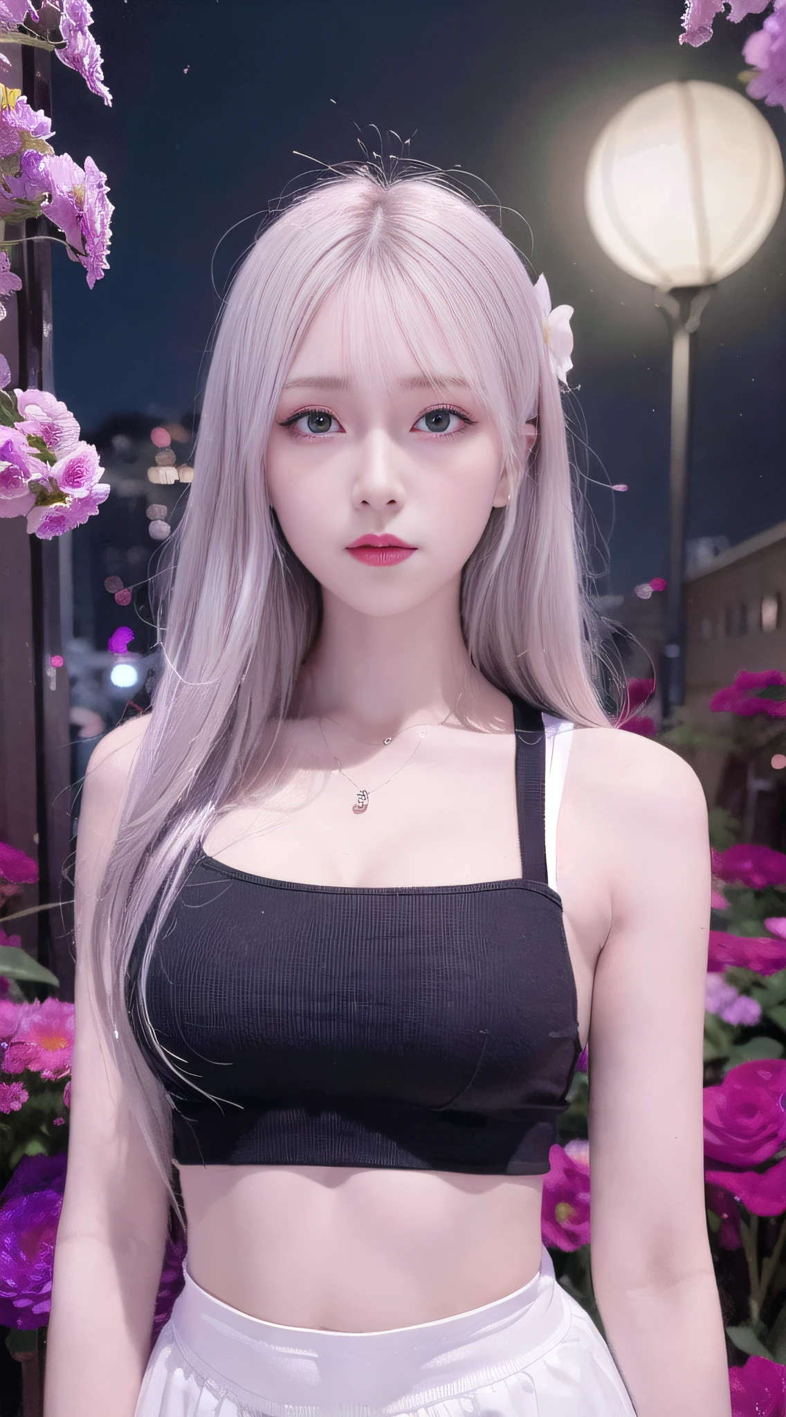 realistic, 1girl, white hair, purple eyes, glowing eyes, crop top, skirt, parted lips, blush, night, flowers, sun, sunlight,