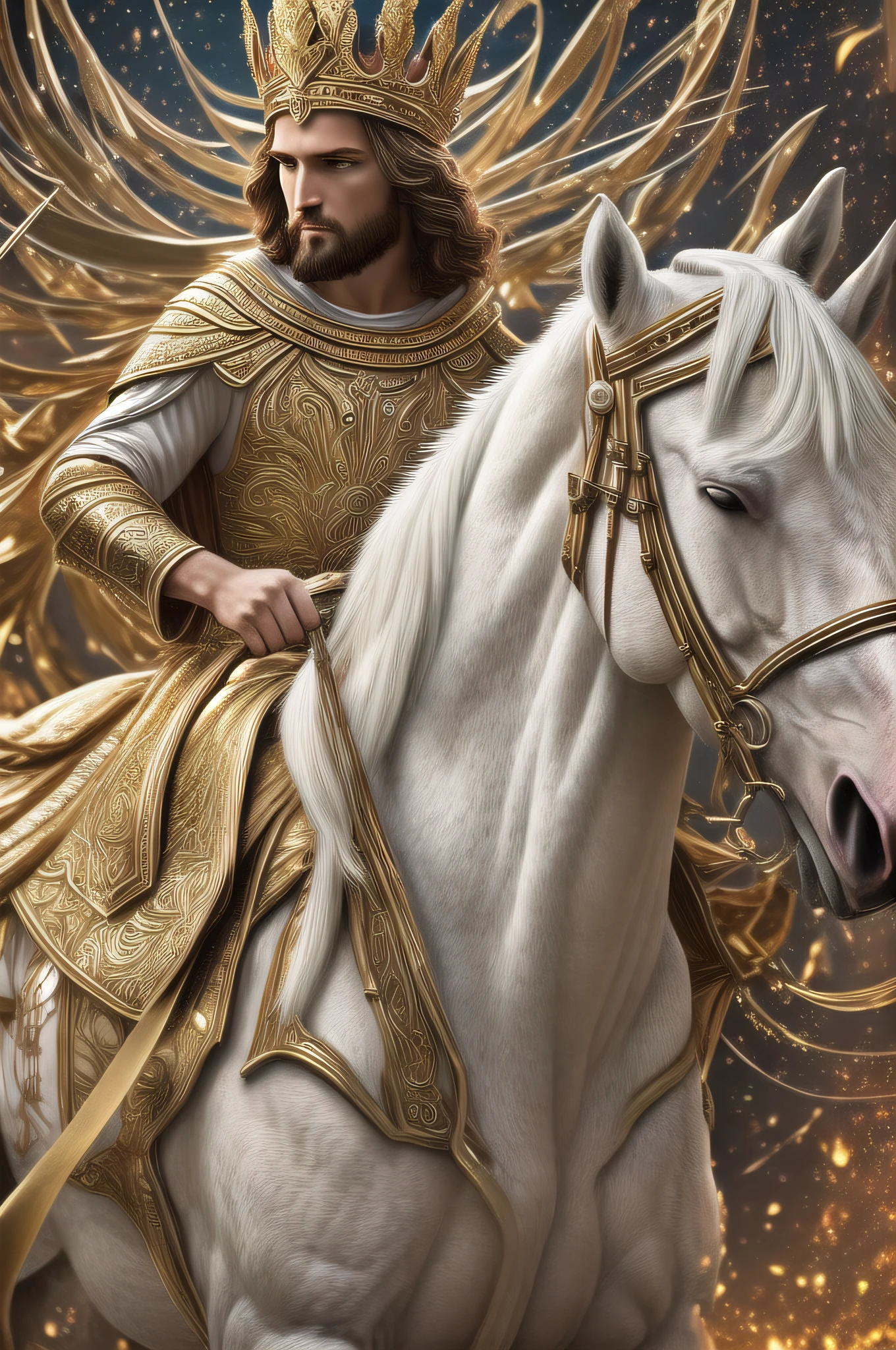 Jesus man riding a white horse wearing a gold crown with bow and arrows in hand in the middle of a storm, masterpiece, best quality, high quality, extremely detailed CG unit 8k wallpaper, award-winning photography, Bokeh, Depth of field, HDR, bloom, chromatic aberration, photorealistic, extremely detailed, trend in artstation, trend in CGsociety, intricate, high detail, Dramatic, art in the middle of the journey, volumetric lighting --auto --s2