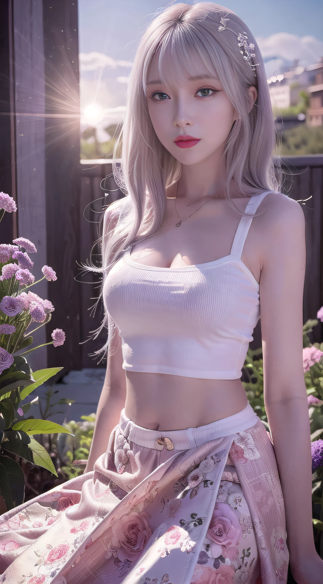 realistic, 1girl, white hair, purple eyes, glowing eyes, crop top, skirt, parted lips, blush, night, flowers, sun, sunlight,