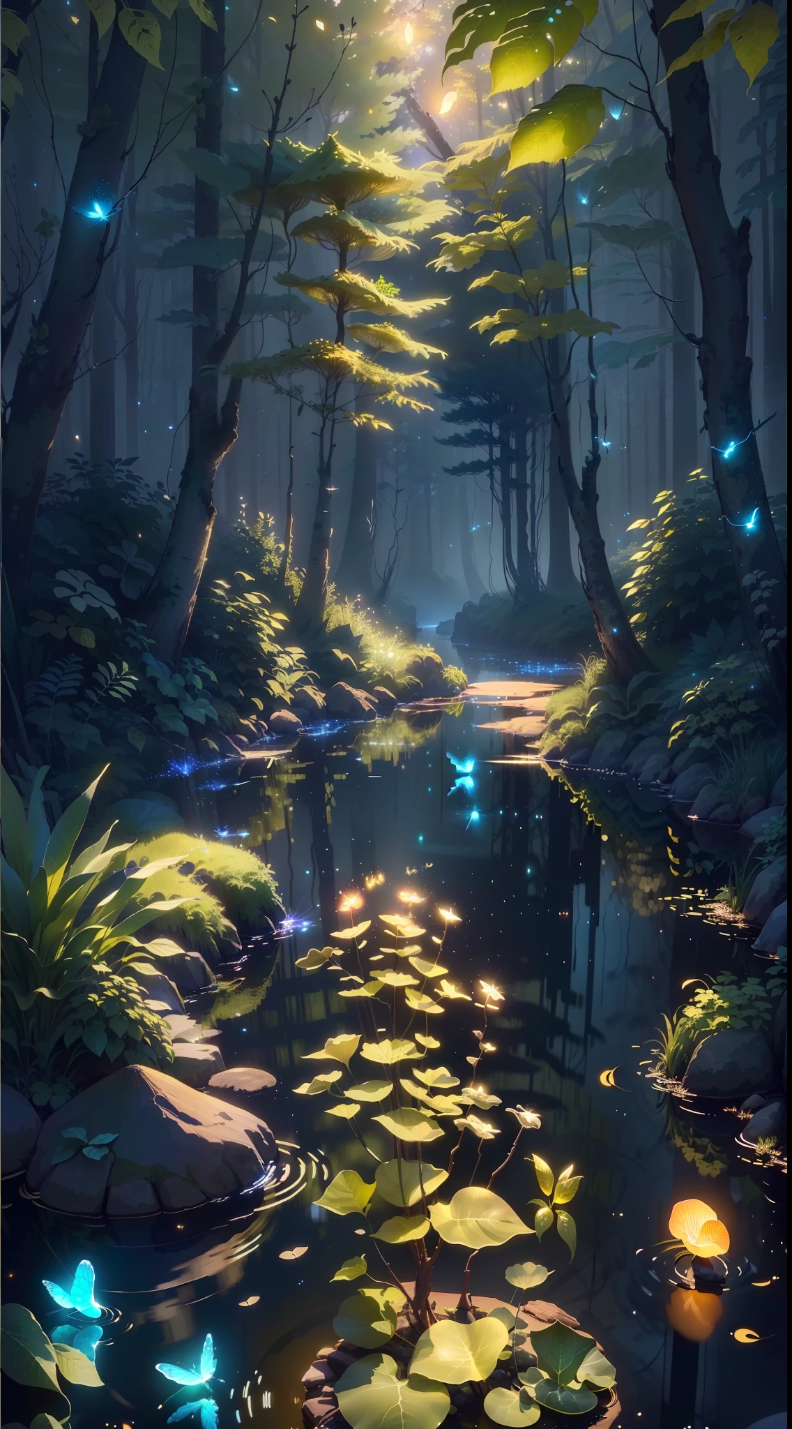 Not too many colors, uniform style, masterpiece, best quality, extremely beautiful reflection, best reflection. (Very detailed CG unity 8k wallpaper), (best quality), (best illustration), (best shadow), forest theme with natural elements. Tall trees, quiet streams, glowing small mushrooms surrounded by delicate leaves and branches, and fireflies and glowing particle effects, (natural elements), (jungle theme), (leaves), (branches), (fireflies), (delicate leaves), (glow), (particle effects). , isometric 3D, Octane rendering, ray tracing, super detailed