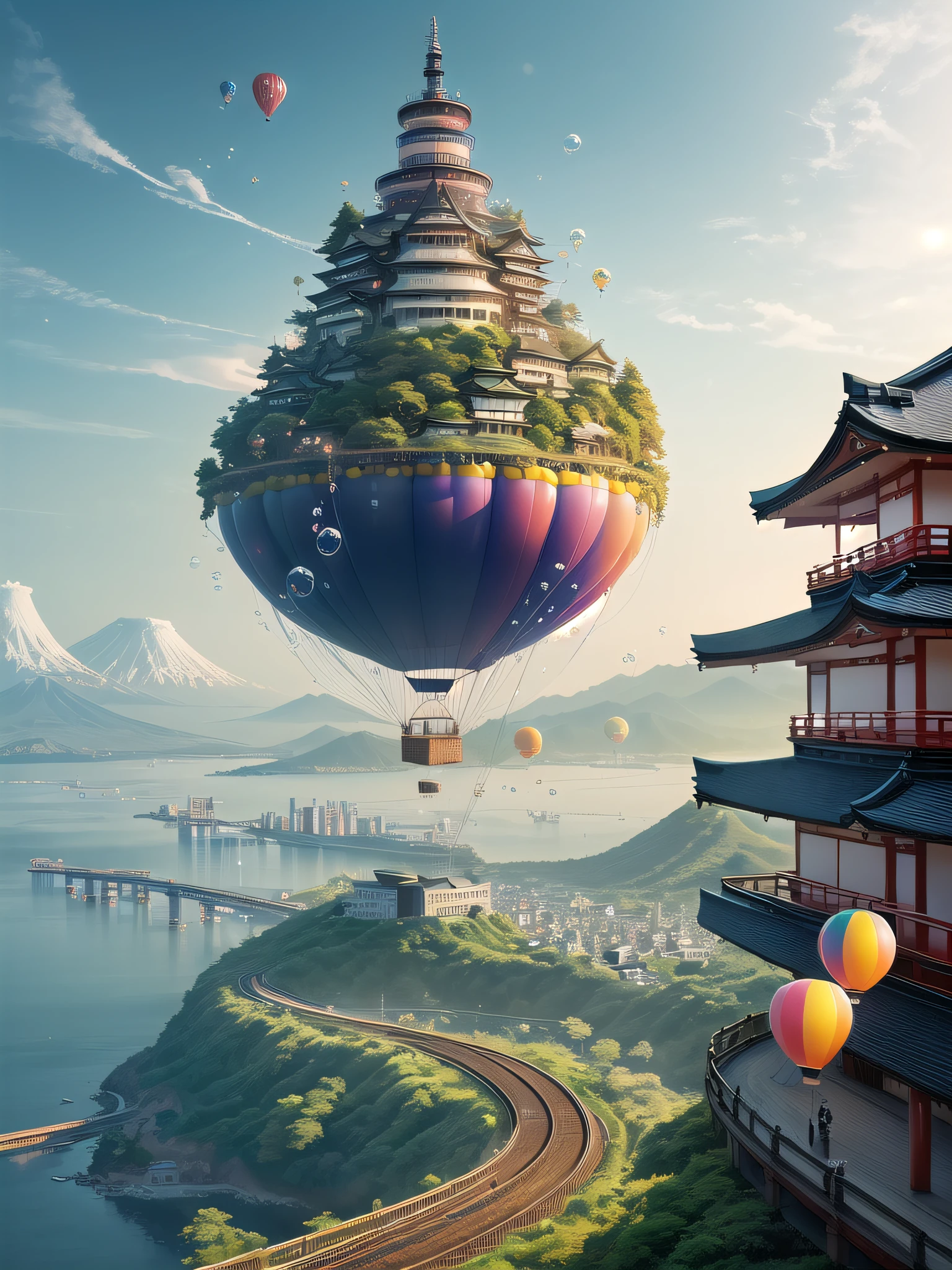 (((Japan)), Floating Island, Floating Island, Sky City, Cross-Sea Bridge, Cross-Sea Highway, Cross-Sea Railway, Steam Train, Balloon, Bubble, Rich Colors, Dazzling Art, Dream Art, Layering, Extreme Detail