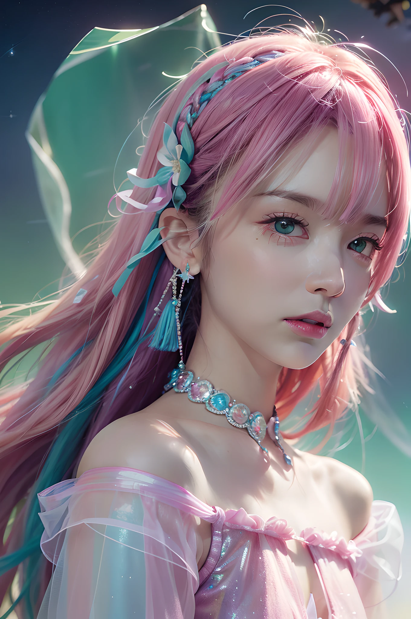 (fluorescent colors:1.4),(translucent:1.4),(retro filters:1.4), (fantasy:1.4), candy world Disney land ethereal soft fluffy soft landscape forest snowavatar Pastel pink sky green blue sparkle ethereal light pastel whimsical light rainbow stars diamonds sparkle gemstone background hyper realistic Ultra quality cinematic lighting immense detail Full hd painting Well lit,diagonal bangs,
collared dress,on side
masterpiece, best quality,realskin,(portrait:1.5), 1girl, blunt bangs, long hair --auto --s2