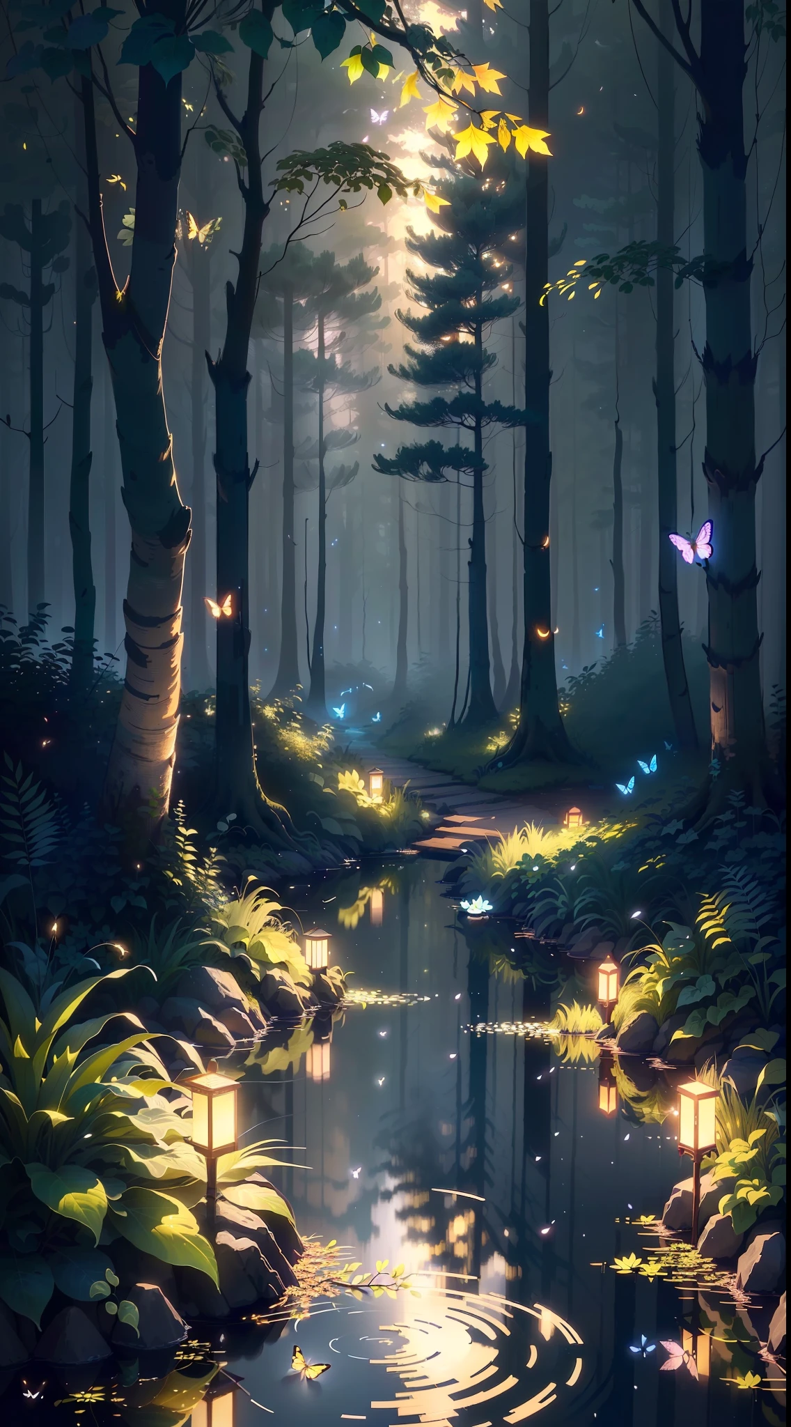 Not too many colors, uniform style, masterpiece, best quality, extremely beautiful reflection, best reflection. (Very detailed CG unity 8k wallpaper), (best quality), (best illustration), (best shadow), forest theme with natural elements. Tall trees, quiet streams, glowing small mushrooms, surrounded by delicate leaves and branches, and fireflies and glowing particle effects, (natural elements), (jungle theme), (leaves), (branches), (fireflies), butterflies, (delicate leaves), (glow), (particle effects). , isometric 3D, Octane rendering, ray tracing, super detailed