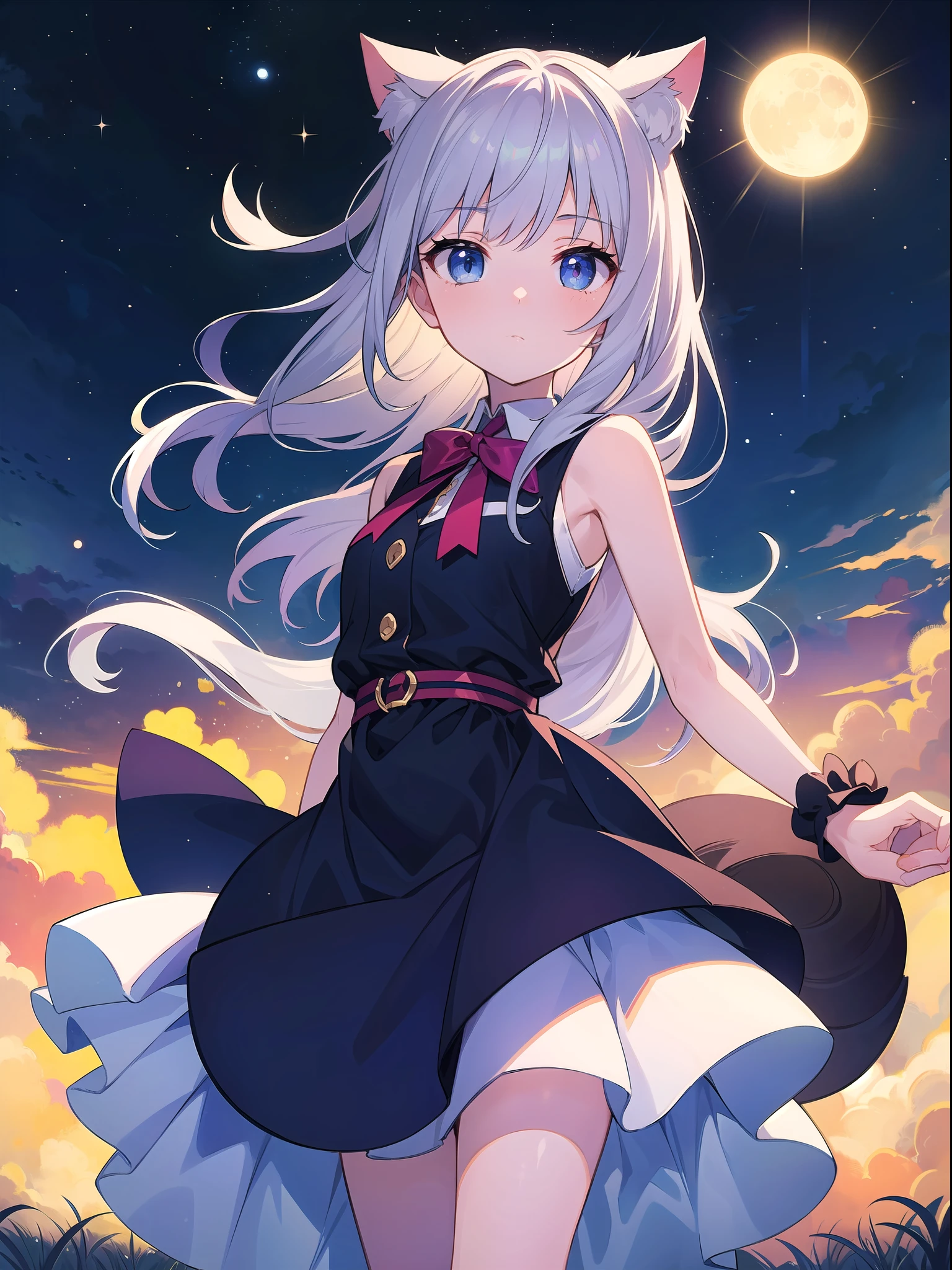 (Masterpiece), (Best Definition Animated Illustration), (Super Definition), One Girl, Solo, Beautiful Girl with Silver Hair, Cat Ears Loli, Sun and Moon