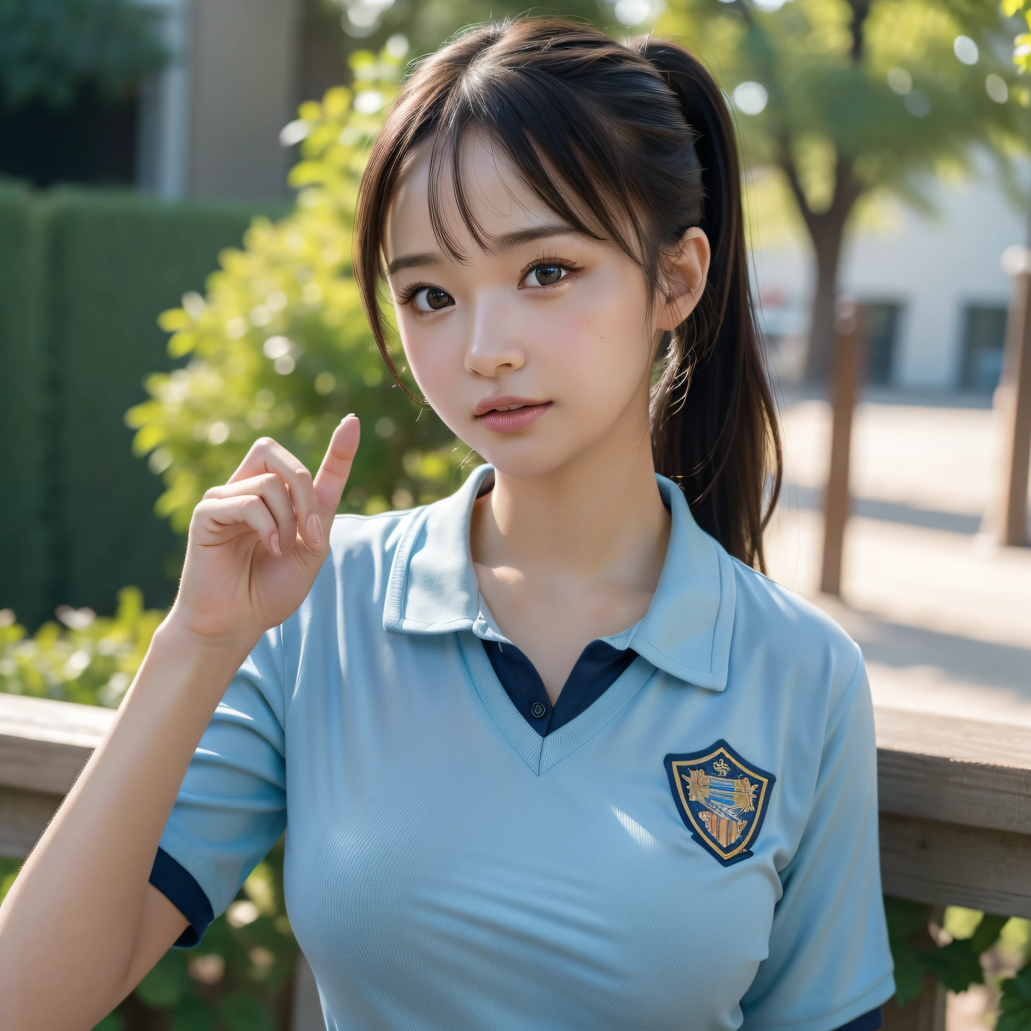best quality, masterpiece, high_res, 1girl, Beautiful face, photo realistic, rim lighting, (high detailed skin:1.2), 8k uhd, dslr, high quality, high resolution, 4k, 8k, Bokeh, medium breasts, absurdres, ponytail contorted, best ratio four finger and one thumb, school girl sport uniform, soaked shirt,