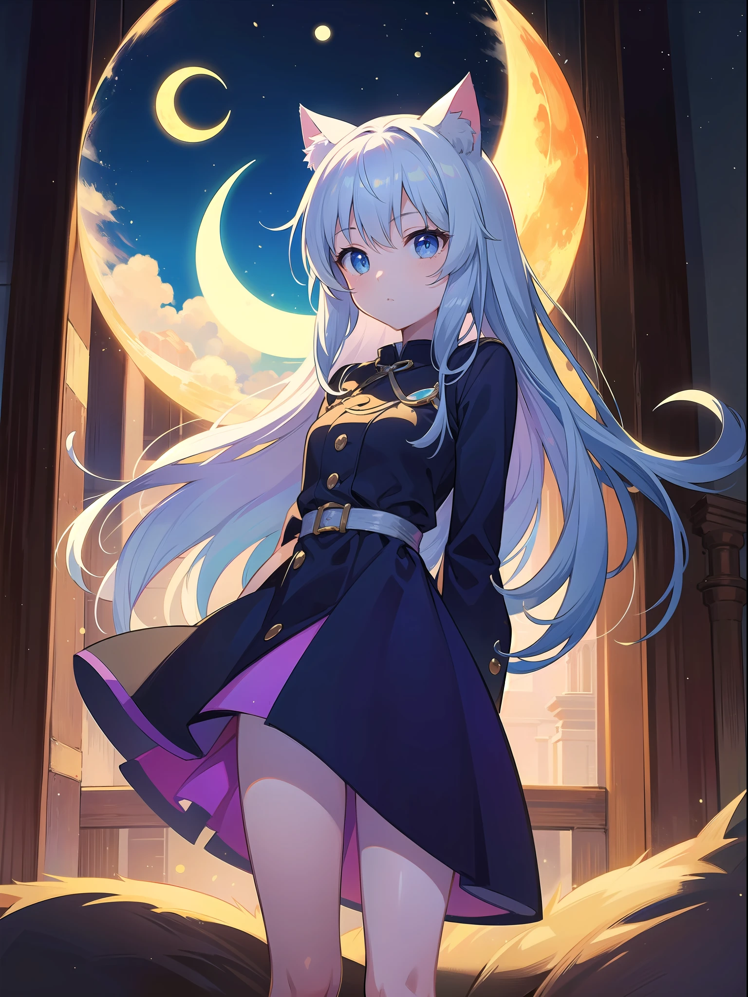 (Masterpiece), (Best Definition Animated Illustration), (Super Definition), One Girl, Solo, Beautiful Girl with Silver Hair, Cat Ears Loli, Sun and Moon