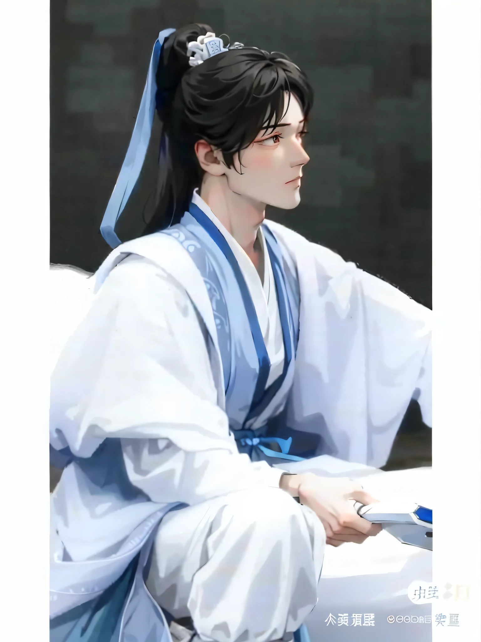 A close-up of a man in a blue and white dress, inspired by Zhang Han, Hei Xu Jinyao, Bai Hanfu, young Wan'an, Han Fu, beautiful hermaphroditic prince, inspired by Bian Shoumin, inspired by Gu An, a delicate androgynous prince, wearing a blue robe, Nanquan, Zhao Yun, holding a red thread