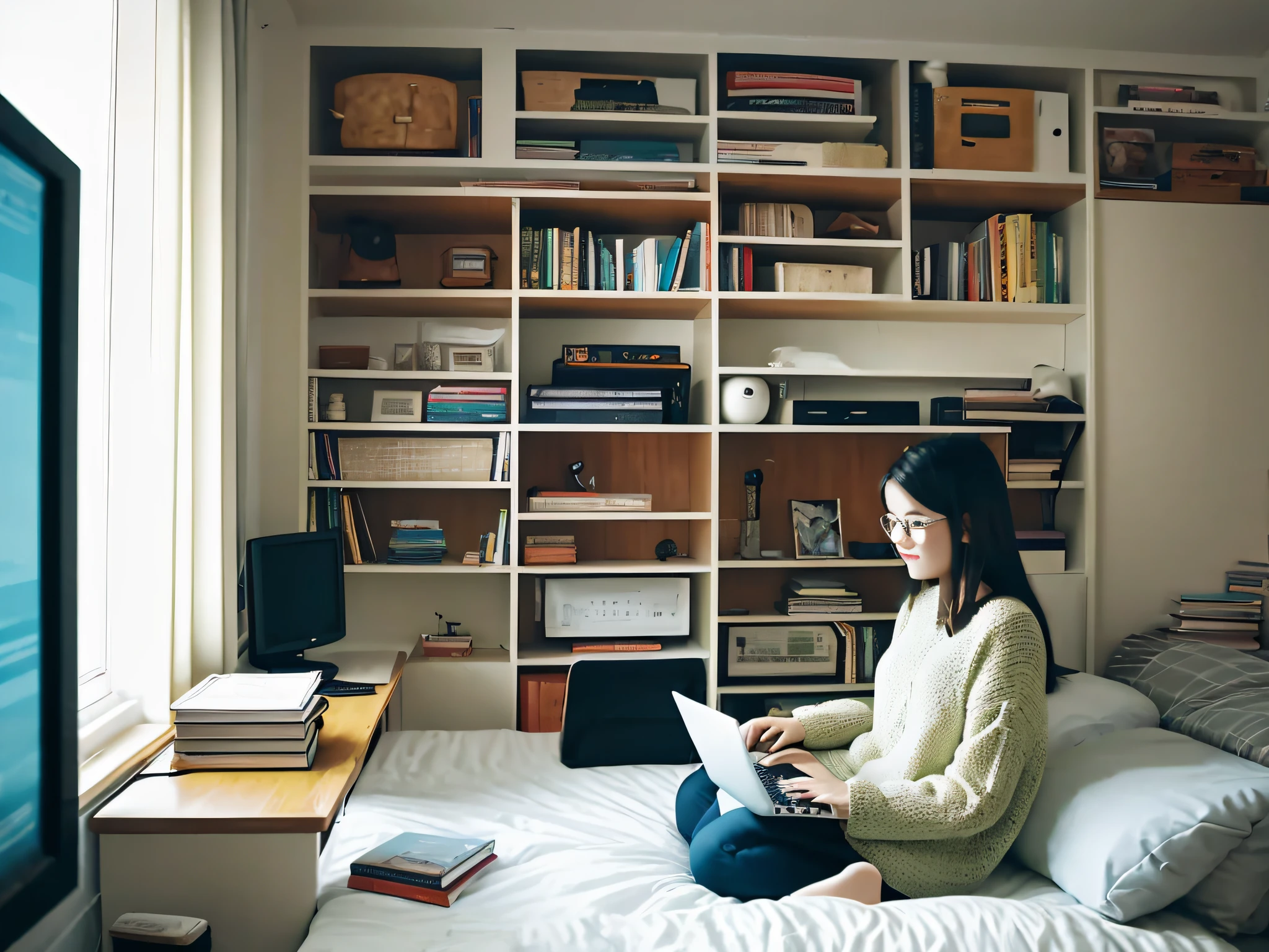 Cozy bedroom, bed, table, a computer, girl sitting in front of computer, books
