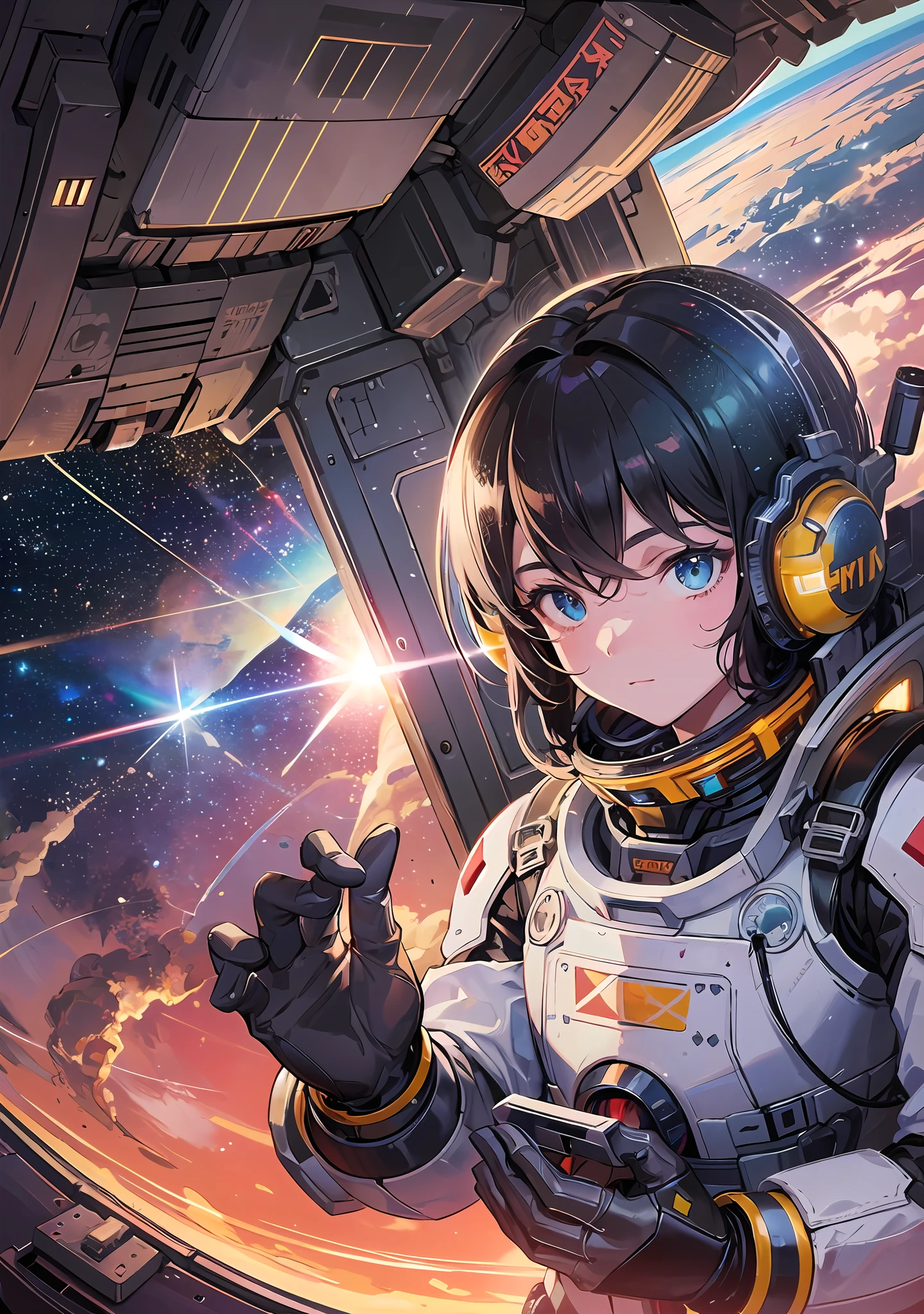 (8K, Ultra High Resolution), (Photorealistic: 1.3), Masterpiece, (1 Male Character Floating), Black Hair, Toned Body, Red Earth from Space, Giant Meteor Shower, View from Inside the Robot Cockpit, Spacesuit, Cyber Pilot Suit, Hand Gripping Control Stick, Controlling Equipment, Radar, Light Effects, Earth Below, View Over Men's Backs, Looking down from above, beautiful light, lens flare, spaceship seen outside the spaceship, (a huge structure floating in orbit of the Earth's satellite), man's whole body from overhead, camera gaze, space spreading out at his feet, rugged expression