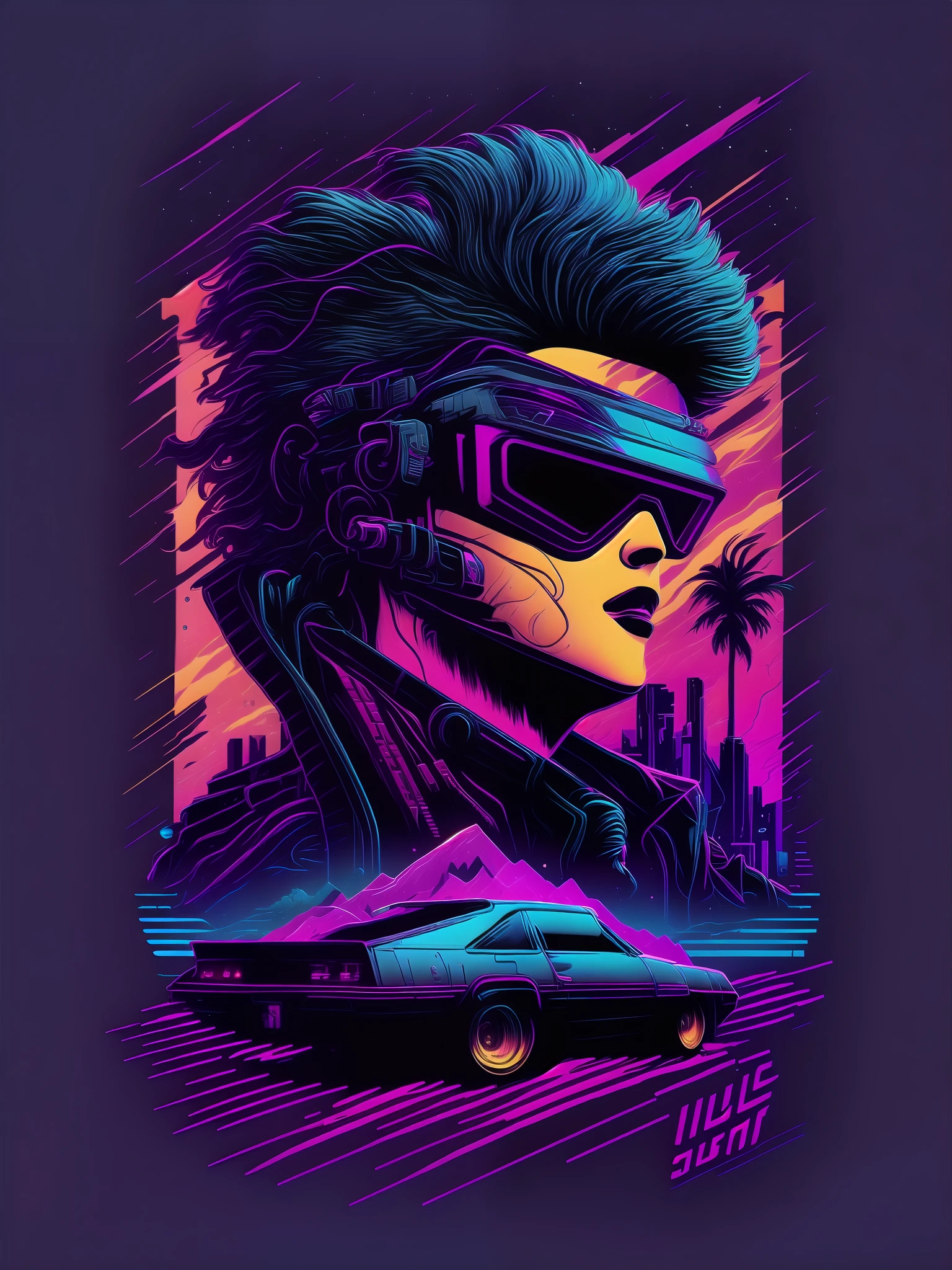 synthwave design neon colors, comic book style illustration, hardline art, high resolution details, extremely detailed