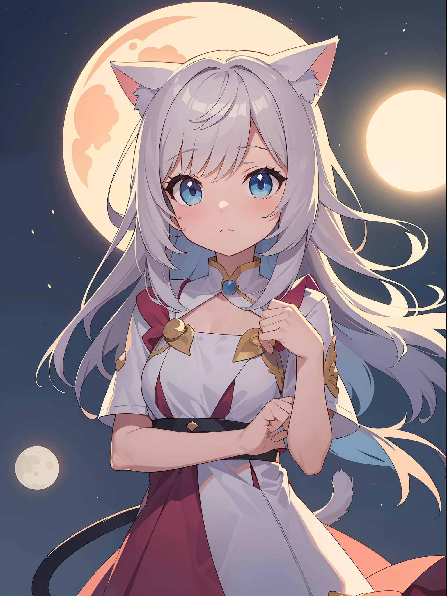 (Masterpiece), (Best Definition Animated Illustration), (Super Definition), One Girl, Solo, Beautiful Girl with Silver Hair, Cat Ears Loli, Sun and Moon