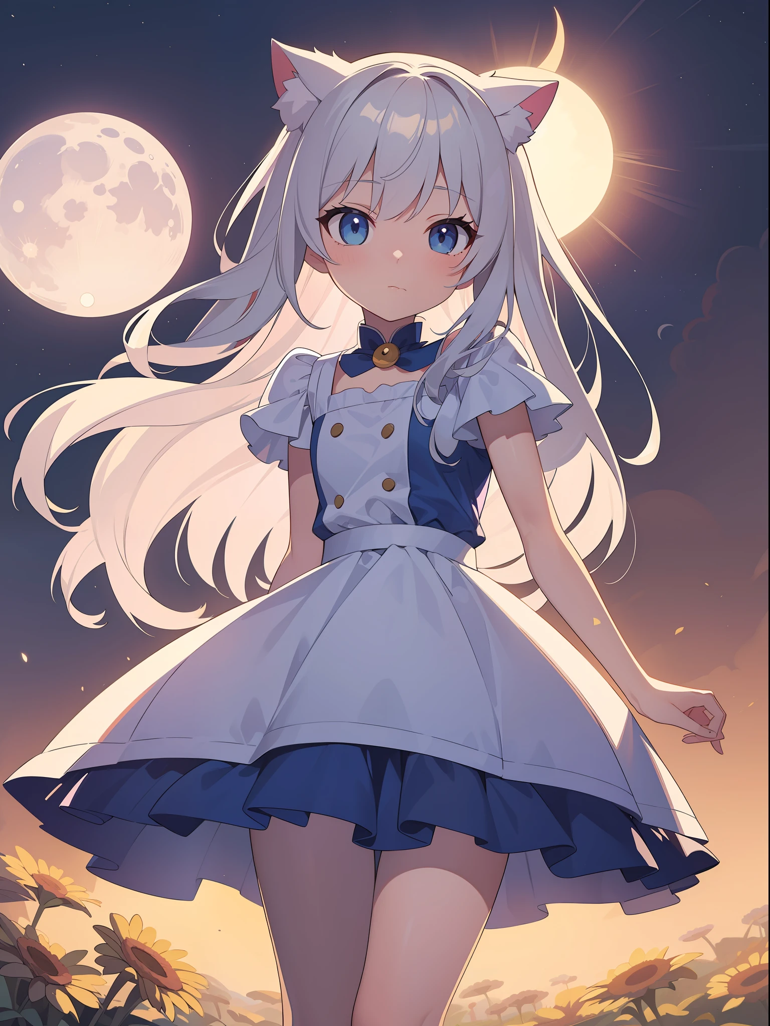 (Masterpiece), (Best Definition Animated Illustration), (Super Definition), One Girl, Solo, Beautiful Girl with Silver Hair, Cat Ears , Sun and Moon