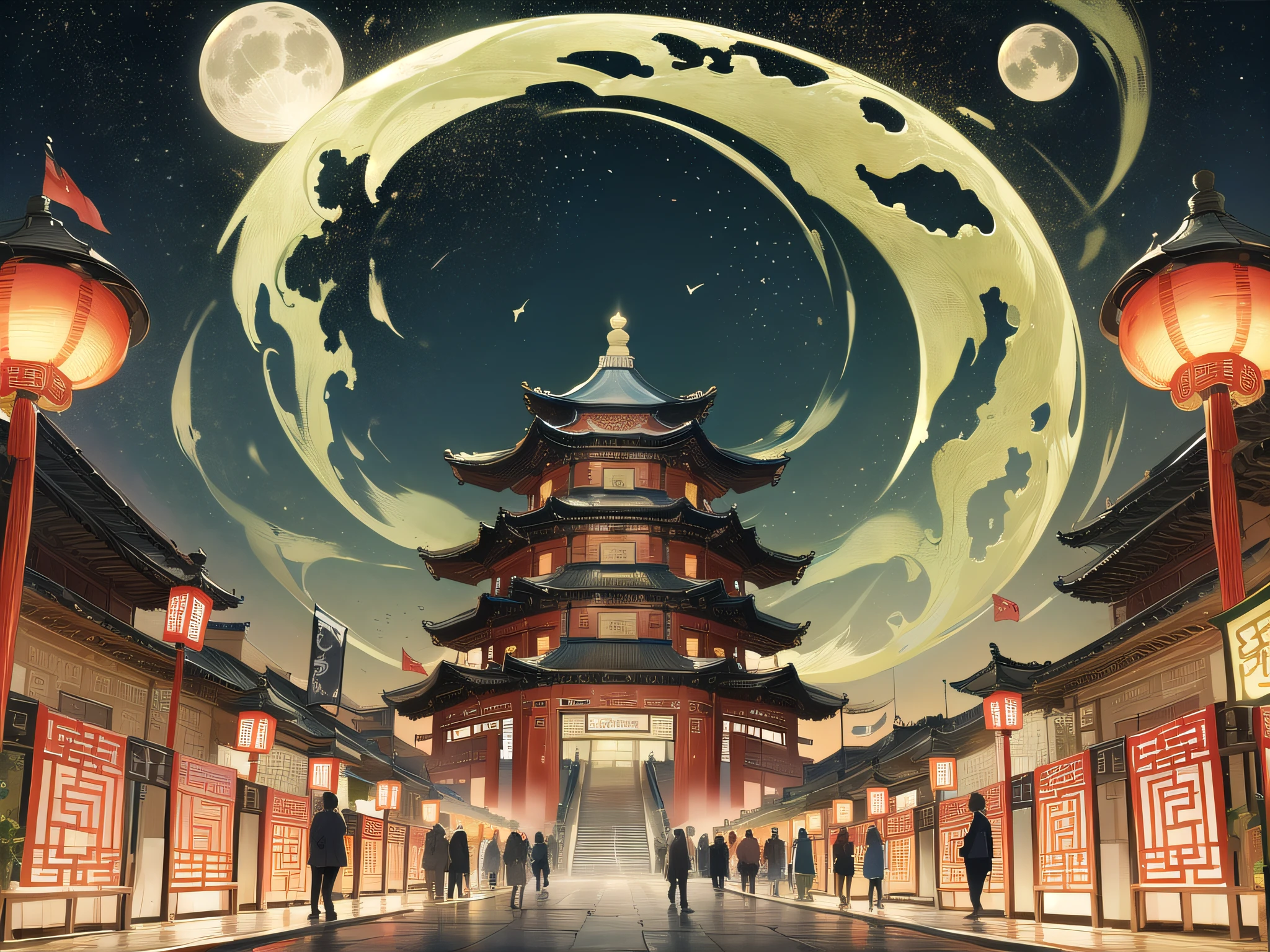Masterpiece, Superb Style, Night, Full Moon, Crowd, Looking Up at the Sky, Chinese Style, Ancient China, Black and Gold Blend, Gold Pattern, Dragon Pattern, Palace, Standing, Bird Olive