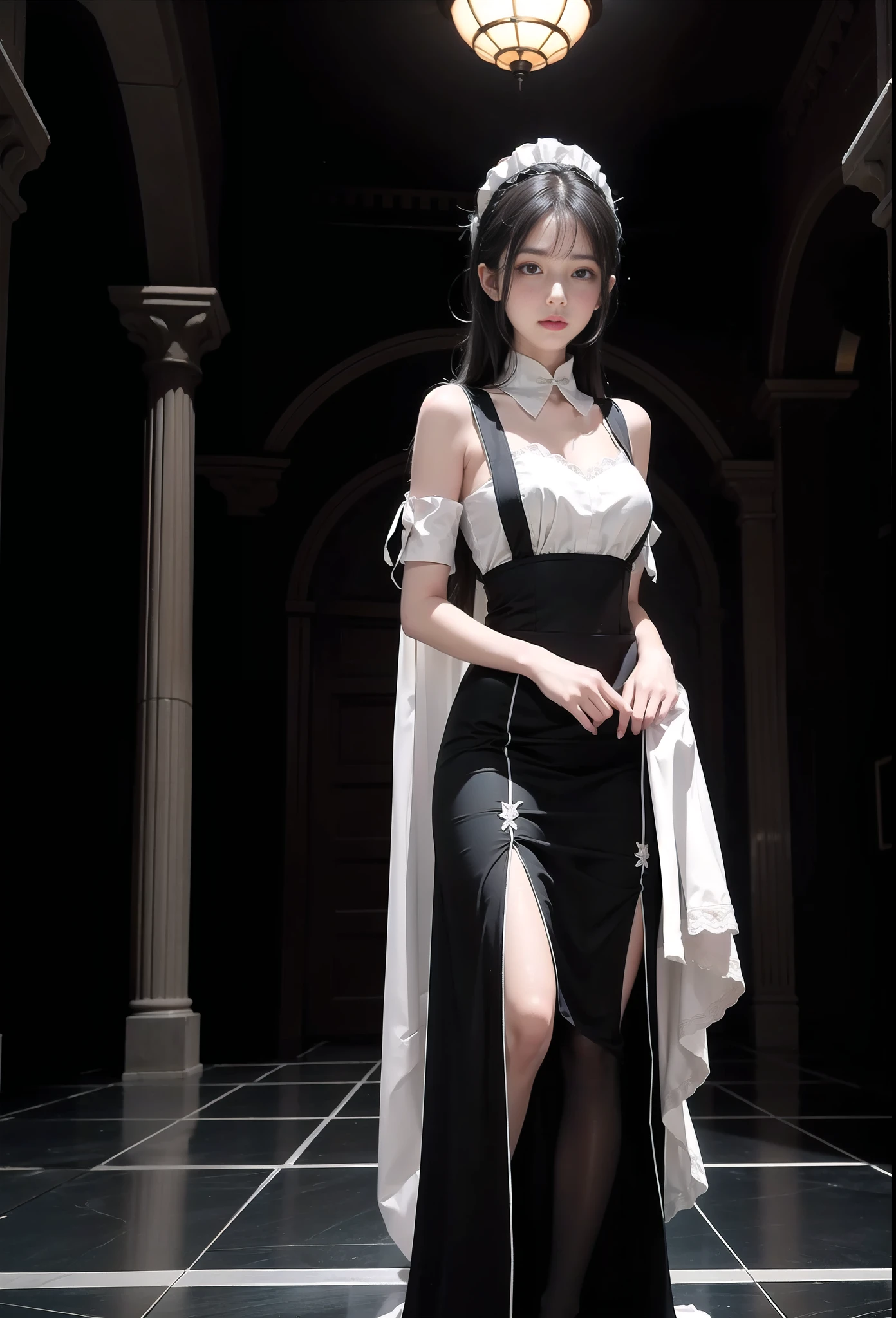 Roman hall, black and white tiles, reflective floor, 1 , black and white maid outfit, white headdress, cute dress, suspender stockings, character focus, Tyndall effect, cinematic lighting, looking into the camera, standing, red eyes,