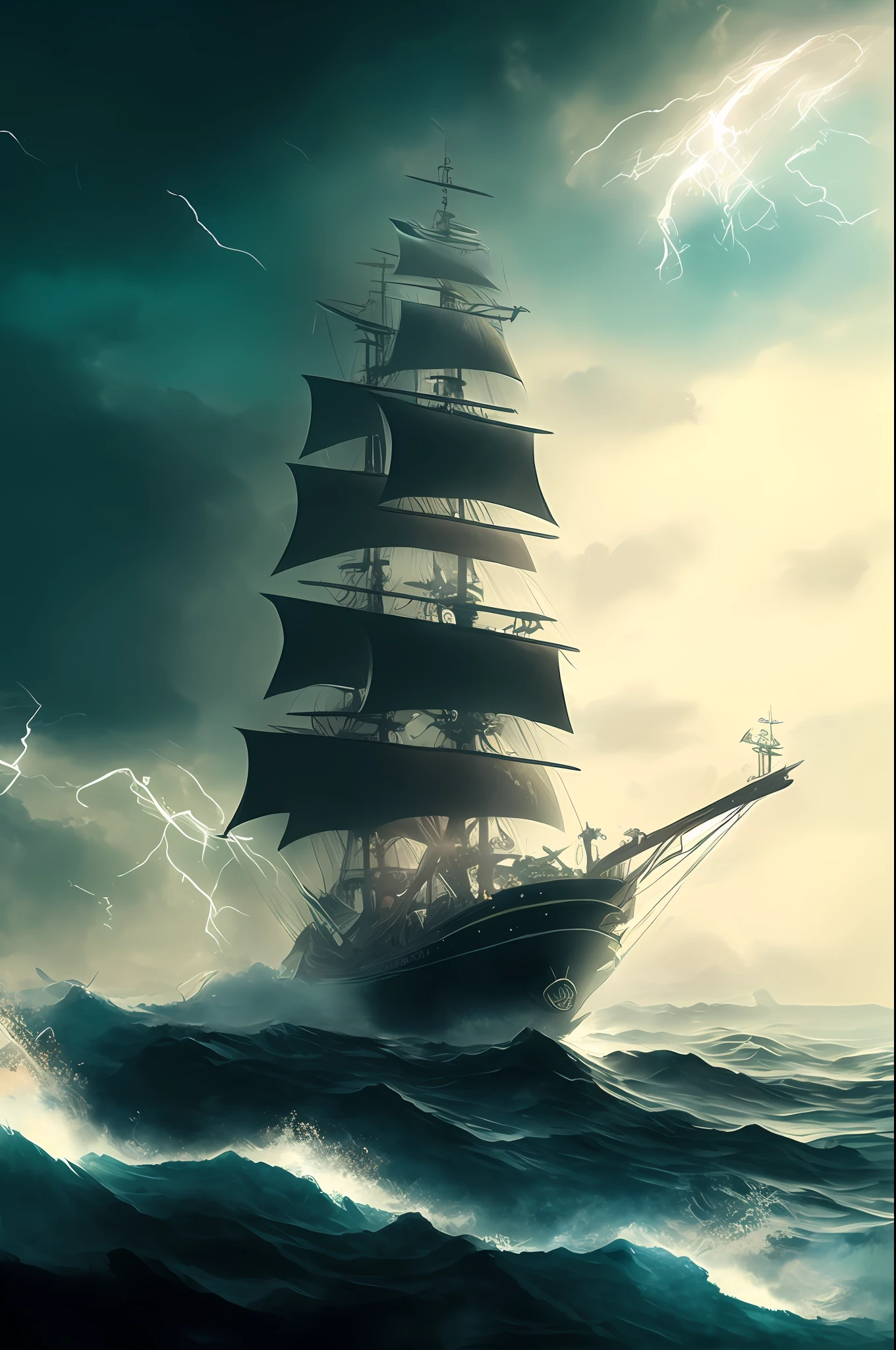 large three-masted ship flying a pirate flag, sailing up, front view, storm, foam on the waves, sky from orange to dark blue, clouds, cinematography, realism, realistic, clear focus, emitting diodes, smoke, artillery, sparks, racks, system unit, motherboard, author: pascal blanche rutkowski repin, hyperrealism, art station, detailed character design concept art, matte painting, 4 k resolution