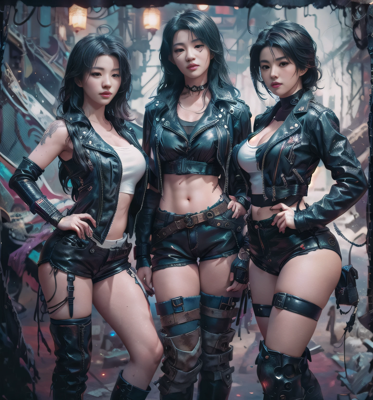 Three sexy women in leather shorts and leather boots posing for a photo, Oppai Cyberpunk, CutesExyrobutts, Tifa, Tifa Lockhart, Seductive Tifa Lockhart Portrait, Extremely Detailed Artgerm, Range Murata and Artgerm, Artgerm and Rossdraws, Artgerm and Genzoman, Tifa Lockhart Portrait, RossDraw 1. 0 --auto --s2