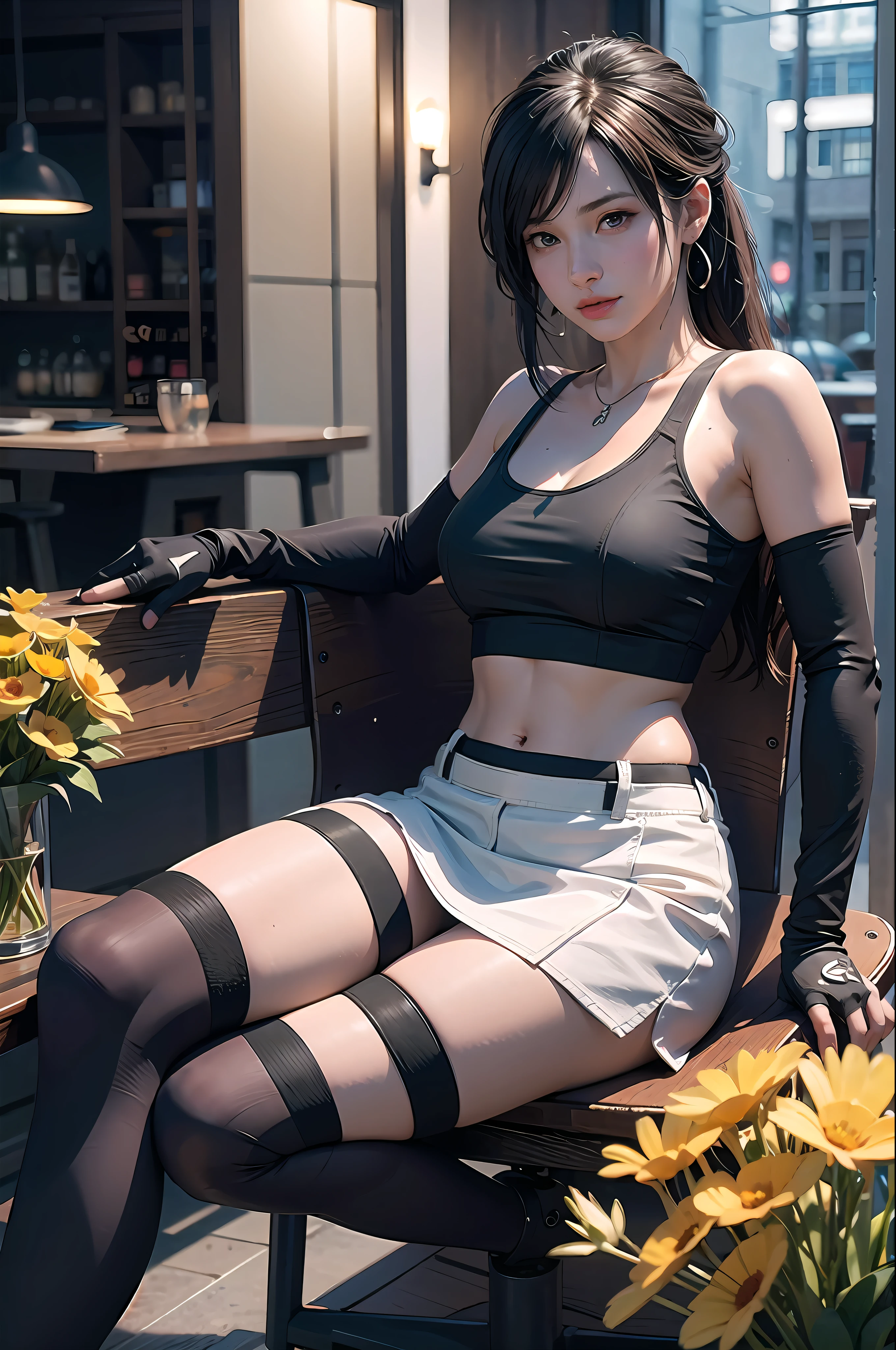 (8K, Top Quality, Masterpiece: 1.2), (Realistic, Photorealistic: 1.37), Ultra HD, Final Fantasy VII Remake&#39;s Tifa Lockhart sitting on a date in a highly detailed café in a cityscape A detailed portrait with beautiful detailed eyes and a blushing nose that makes you look cute and solo. She wears single elbow pads, ankle boots, a black skirt, black thigh-highs, red boots, and elbow gloves, elbow pads, and fingerless gloves. Her outfit includes a sports bra, suspender skirt, thigh highs, and a white tank top. The full body is visible with the head resting on the hand, revealing a pretty face, long hair tied low, and lips. The scene is lit with professional lighting, photon mapping and radiosity, creating a cyberfuturistic atmosphere in the style of Tetsuya Nomura. The background features yellow flowers and a bokeh effect. Tifa smiled a little and closed her mouth.
