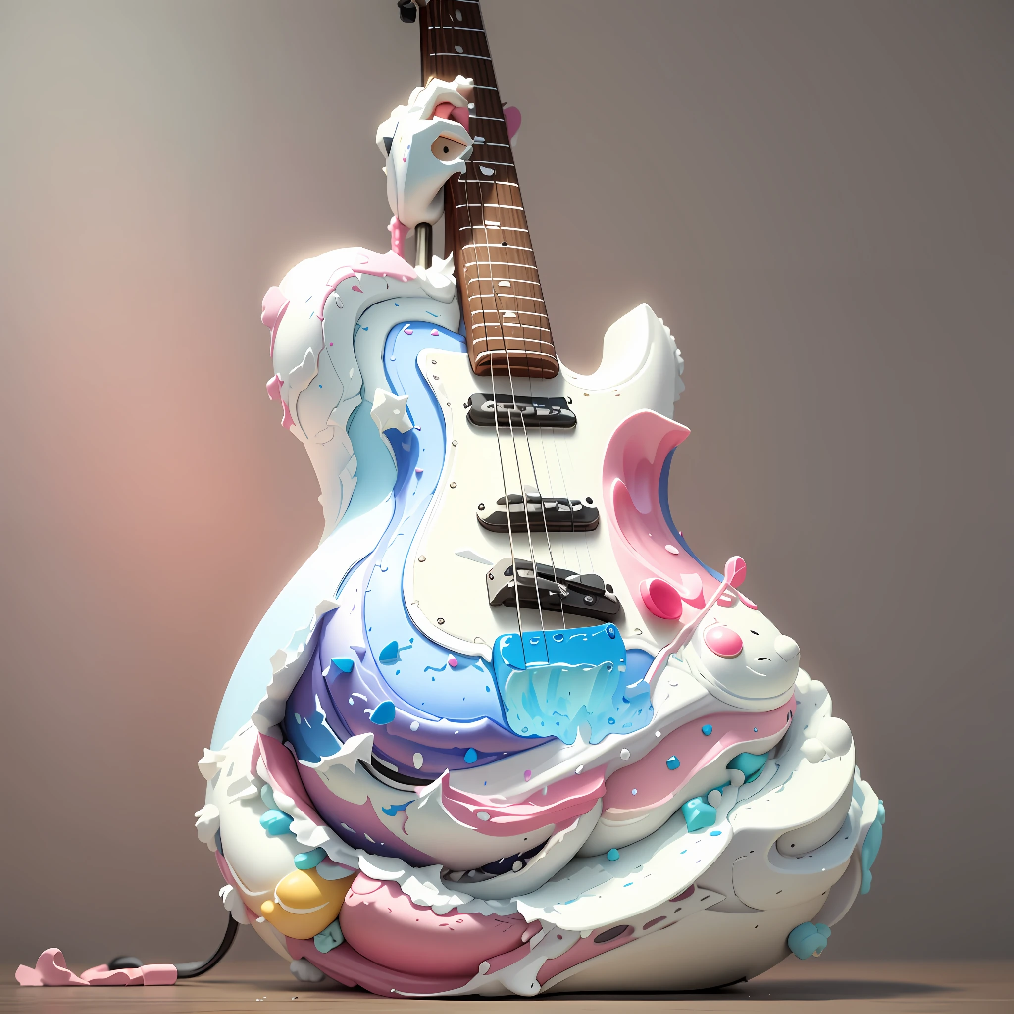 There is a cake shaped like a guitar with pink and blue tops, cake sculpture, carved out of candy, cake art, made from candy, the largest cake, made of candy, everything made of candy, highly detailed composition, guitar solo, guitar concept art, electric guitar, cake, dough sculpture, inspired by James Rehman, bizarre works beach seaside boy shell conch crab turtle seagull