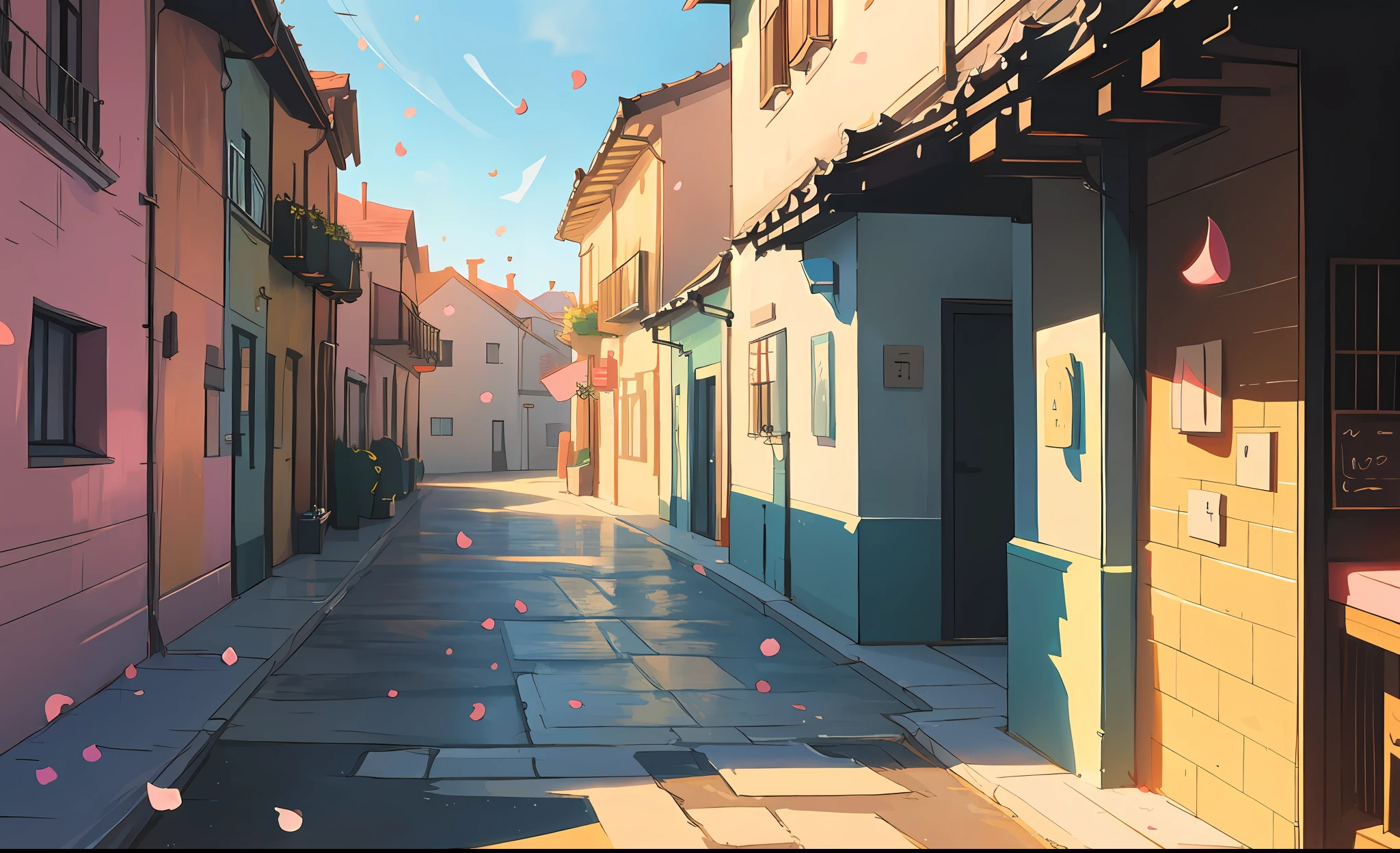 beautiful cityscape in the style of Ghibli studio, artstation masterpiece, contemporary architecture, warm and warm pastel colors, blue sky, flower petals flying, side lighting, sunlight in the houses and parked cars, 8K