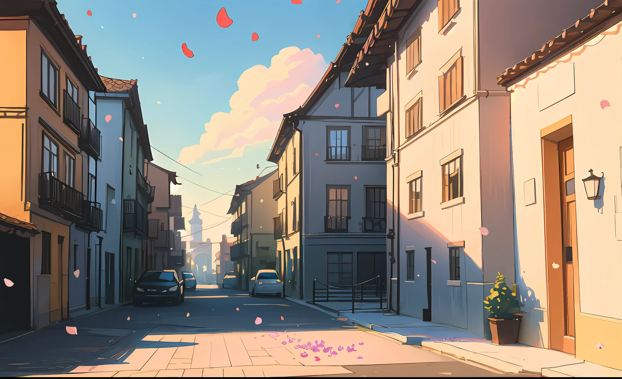 beautiful cityscape in the style of Ghibli studio, artstation masterpiece, contemporary architecture, warm and warm pastel colors, blue sky, flower petals flying, side lighting, sunlight in the houses and parked cars, 8K