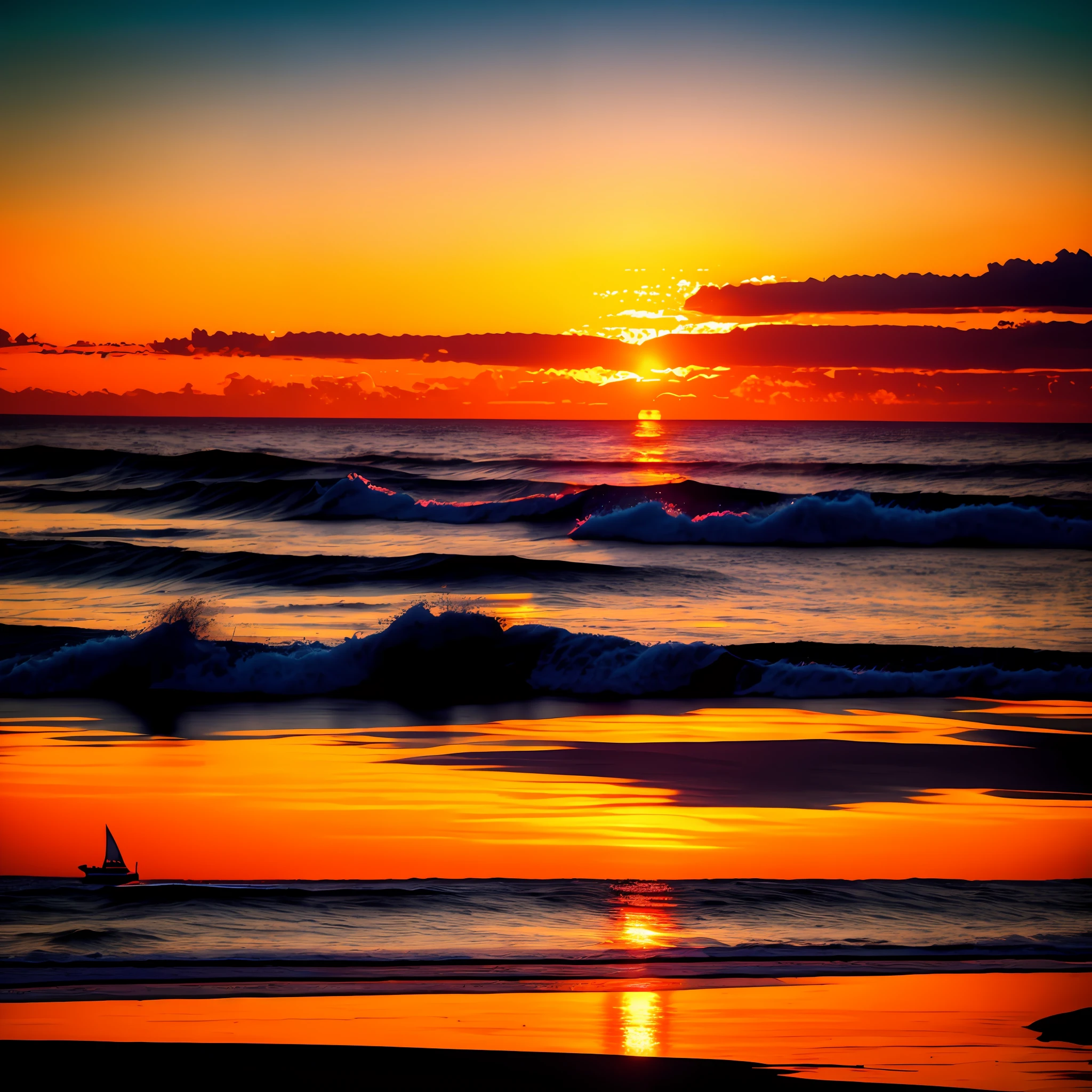 The sun sets on the horizon, dyeing the sky orange, pink and purple. The light reflects off the waves of the sea, creating a golden glow. The sand is soft and warm, inviting you to walk barefoot. Some seagulls fly through the air, emitting their characteristic sounds. The wind blows gently, bringing the salty aroma of the water. The sunset on the beach is a spectacle of nature, which inspires peace and wonder.