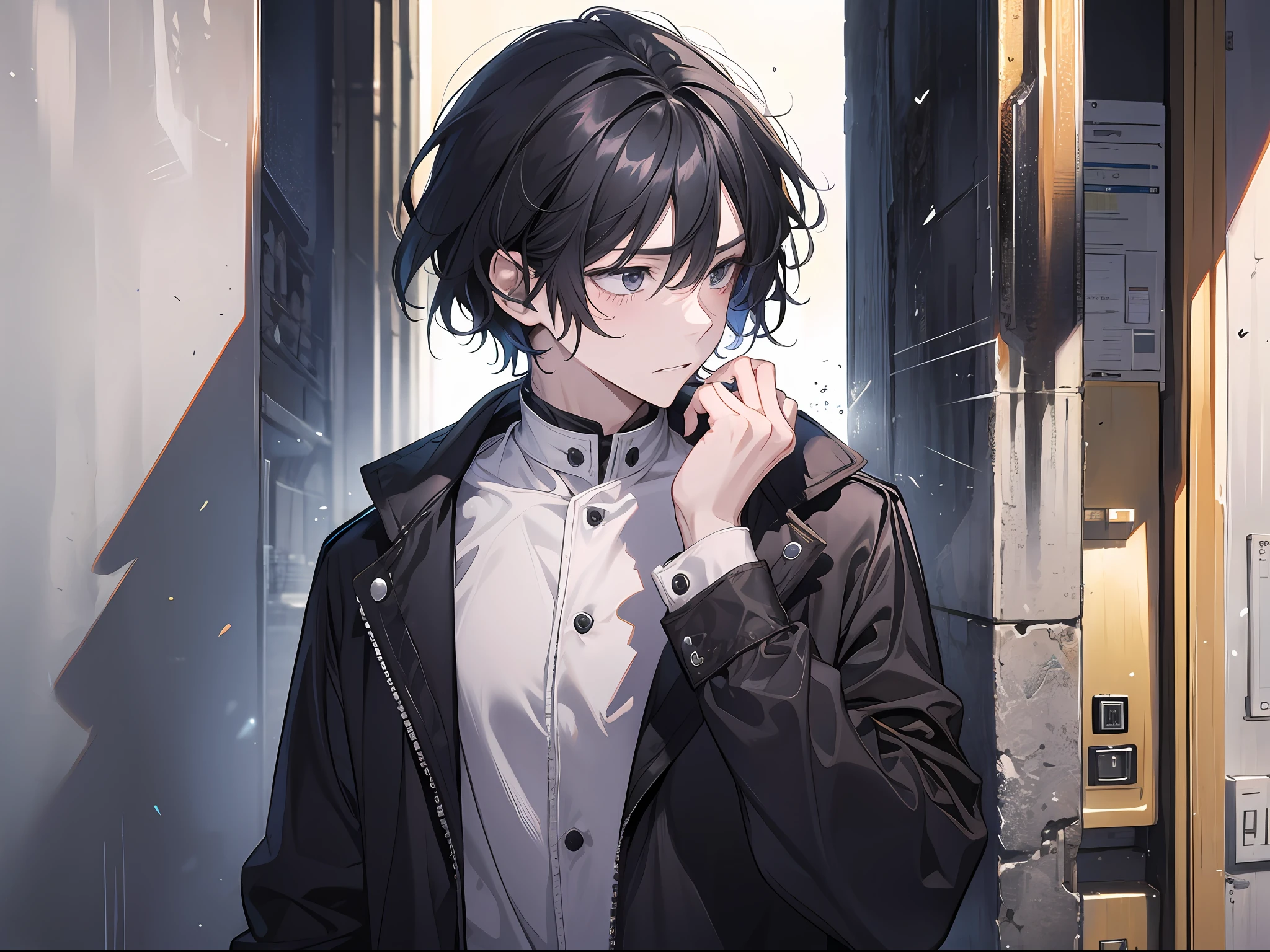A man with short black hair, cute looking, standing, flushed, shy, embarrassed