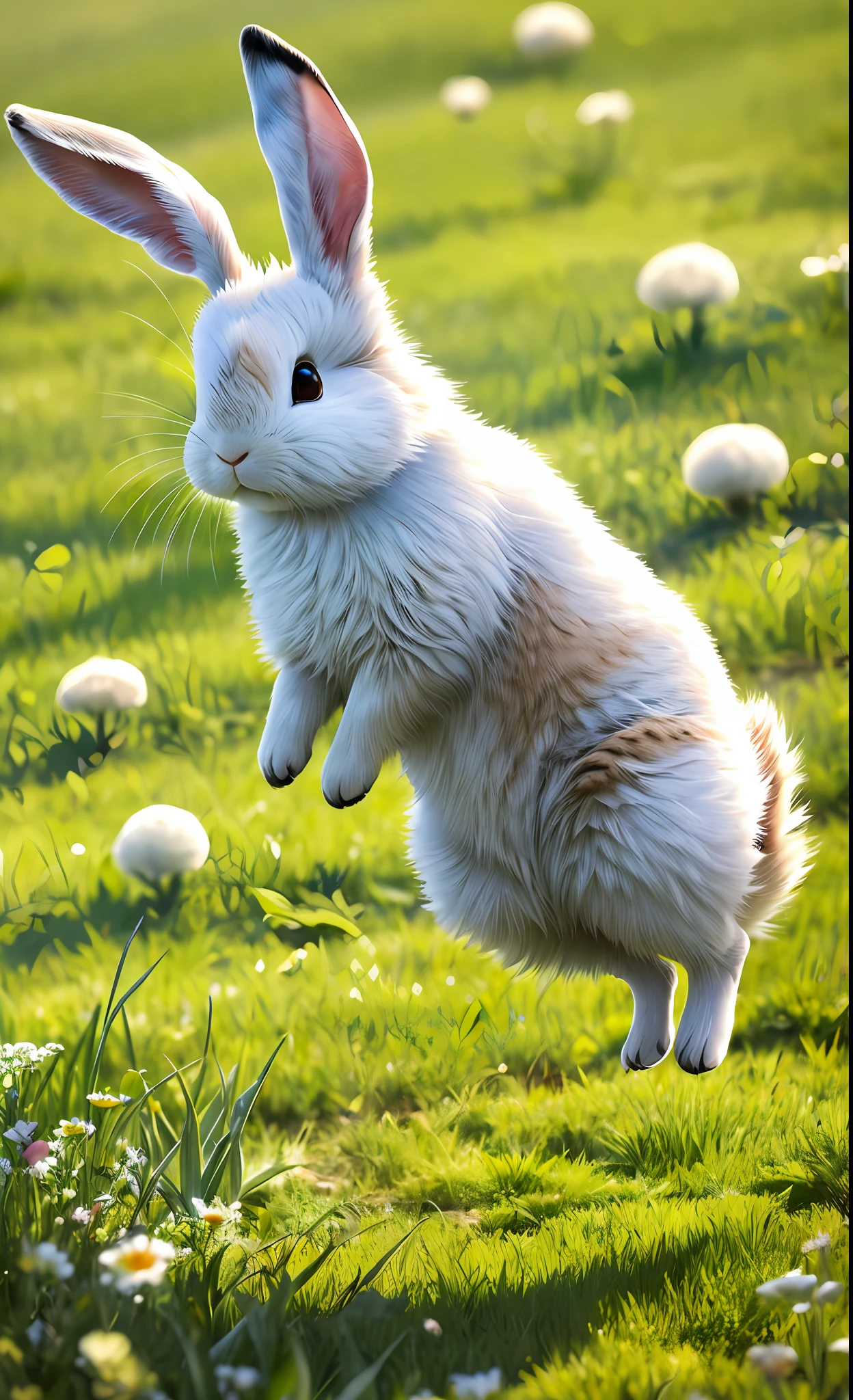 ((masterpiece, best quality)), soil, animal ears, fluffy rabbit, rabbit ears, jumping, grass, outdoor, full body, animal, sunlight, dappled, daytime, depth of field --v6