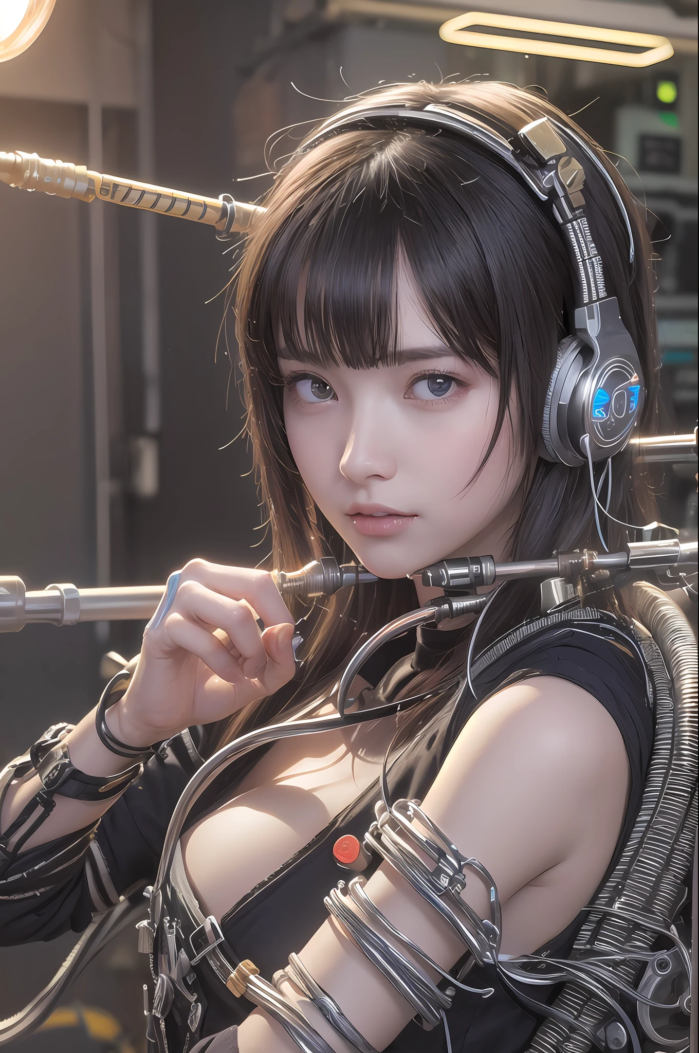 Top Quality, Masterpiece, Ultra High Resolution, (Photorealistic: 1.4), Raw Photo, 1 Girl, Black Hair, Glossy Skin, 1 Mechanical Girl, (((Ultra Realistic Details)), Portrait, Global Illumination, Shadows, Octane Rendering, 8K, Ultra Sharp, Big, Cleavage Exposed Raw Skin, Metal, Intricate Ornaments Details, Headset, Meter, vacuum tube, nixie suga, oil pressure gauge, glass tube, analog meter, gears, gears, hydraulic cylinder, very intricate detail, realistic light, CGSoation trend, purple eyes, glowing eyes, facing the camera, neon details, mechanical limbs, blood vessels connected to the tube, mechanical vertebrae attached to the back, mechanical cervical attachment to the neck, sitting, wires and cables connecting to the head, cyberpunk, small LED lamps,