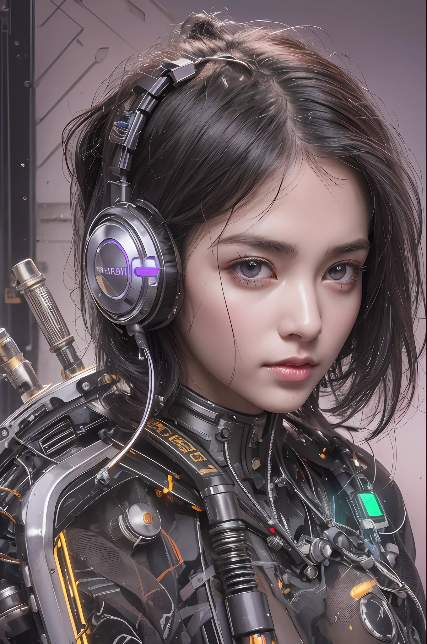 Top Quality, Masterpiece, Ultra High Resolution, (Photorealistic: 1.4), Raw Photo, 1 Girl, Black Hair, Glossy Skin, 1 Mechanical Girl, (((Ultra Realistic Details)), Portrait, Global Illumination, Shadows, Octane Rendering, 8K, Ultra Sharp, Big, Cleavage Exposed Raw Skin, Metal, Intricate Ornaments Details, Headset, Meter, vacuum tube, nixie suga, oil pressure gauge, glass tube, analog meter, gears, gears, hydraulic cylinder, very intricate detail, realistic light, CGSoation trend, purple eyes, glowing eyes, facing the camera, neon details, mechanical limbs, blood vessels connected to the tube, mechanical vertebrae attached to the back, mechanical cervical attachment to the neck, sitting, wires and cables connecting to the head, cyberpunk, small LED lamps,