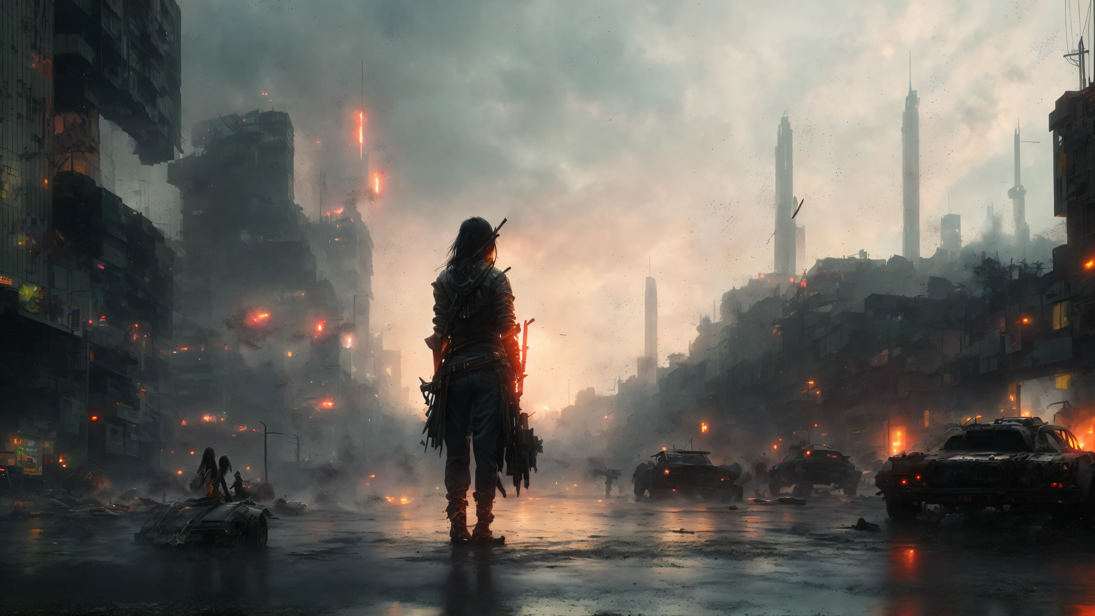 one fair-haired young woman stand on the road in the center of the image of post-apocalypse city, japanese sword in her hands, dirty torn clothes, exploded cars, fire and smoke, epic detailes, rain, dark gray atmosphere, back shot, shot from below, cyberpunk, (greg rutkowski), anime style